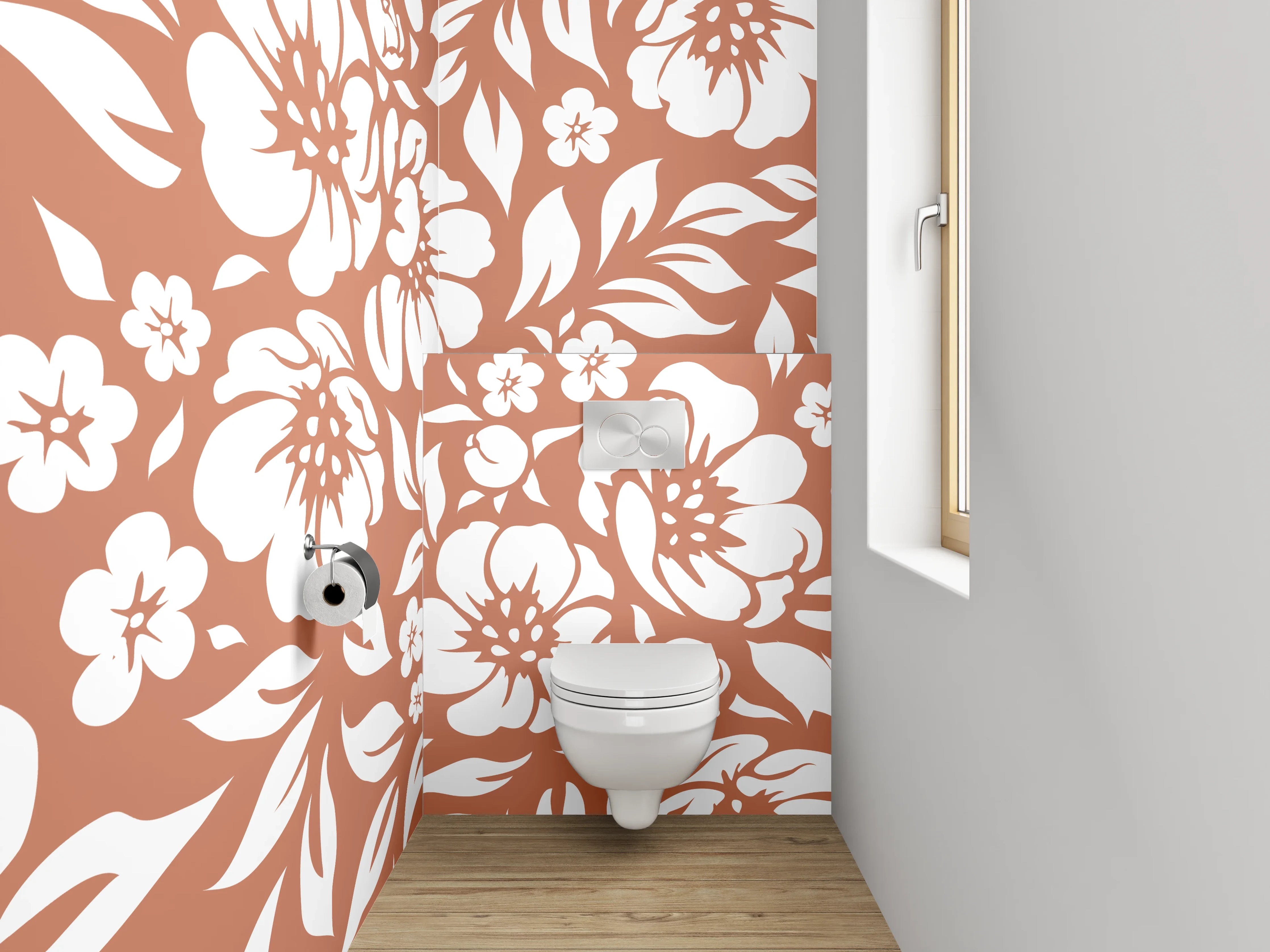 WC-Rückwand - Florales Blütenmuster Braun Weiß