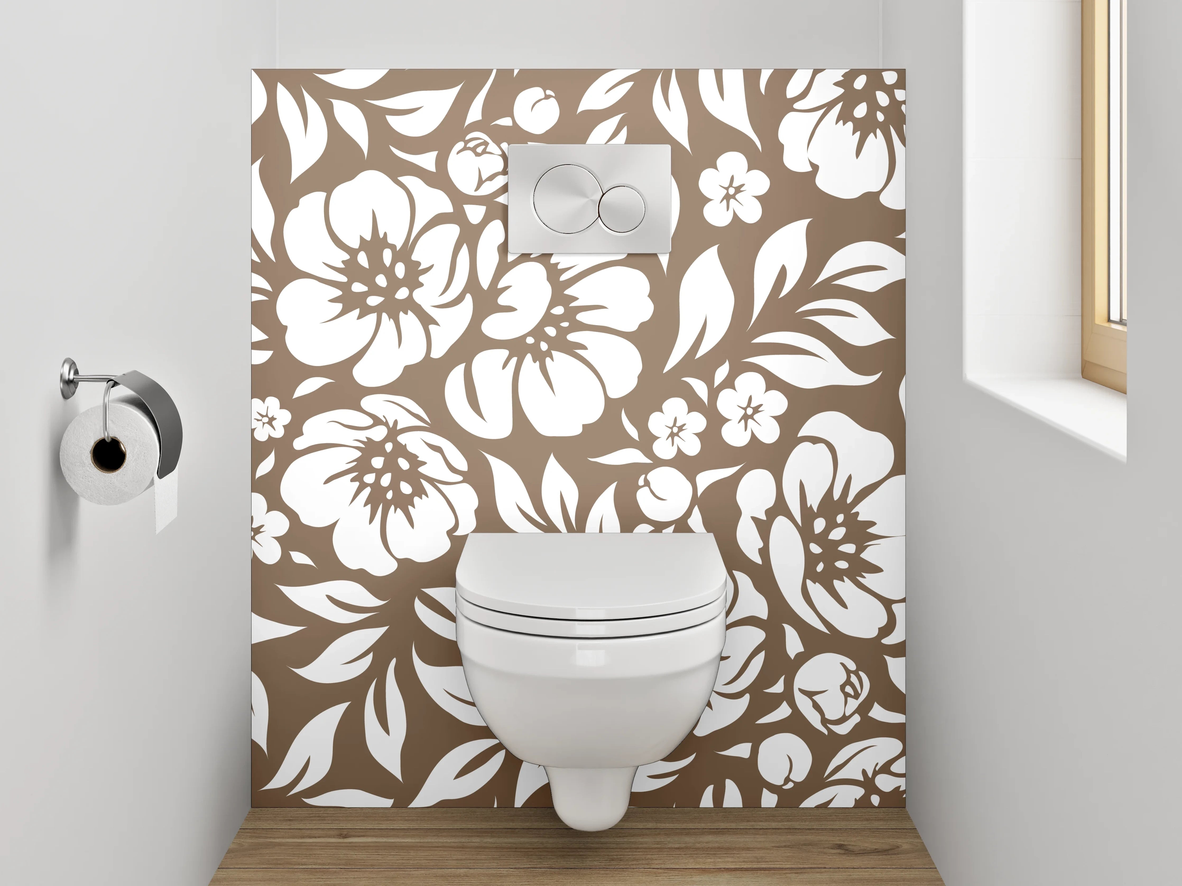 WC-Rückwand - Florales Blumenmuster Braun Weiß
