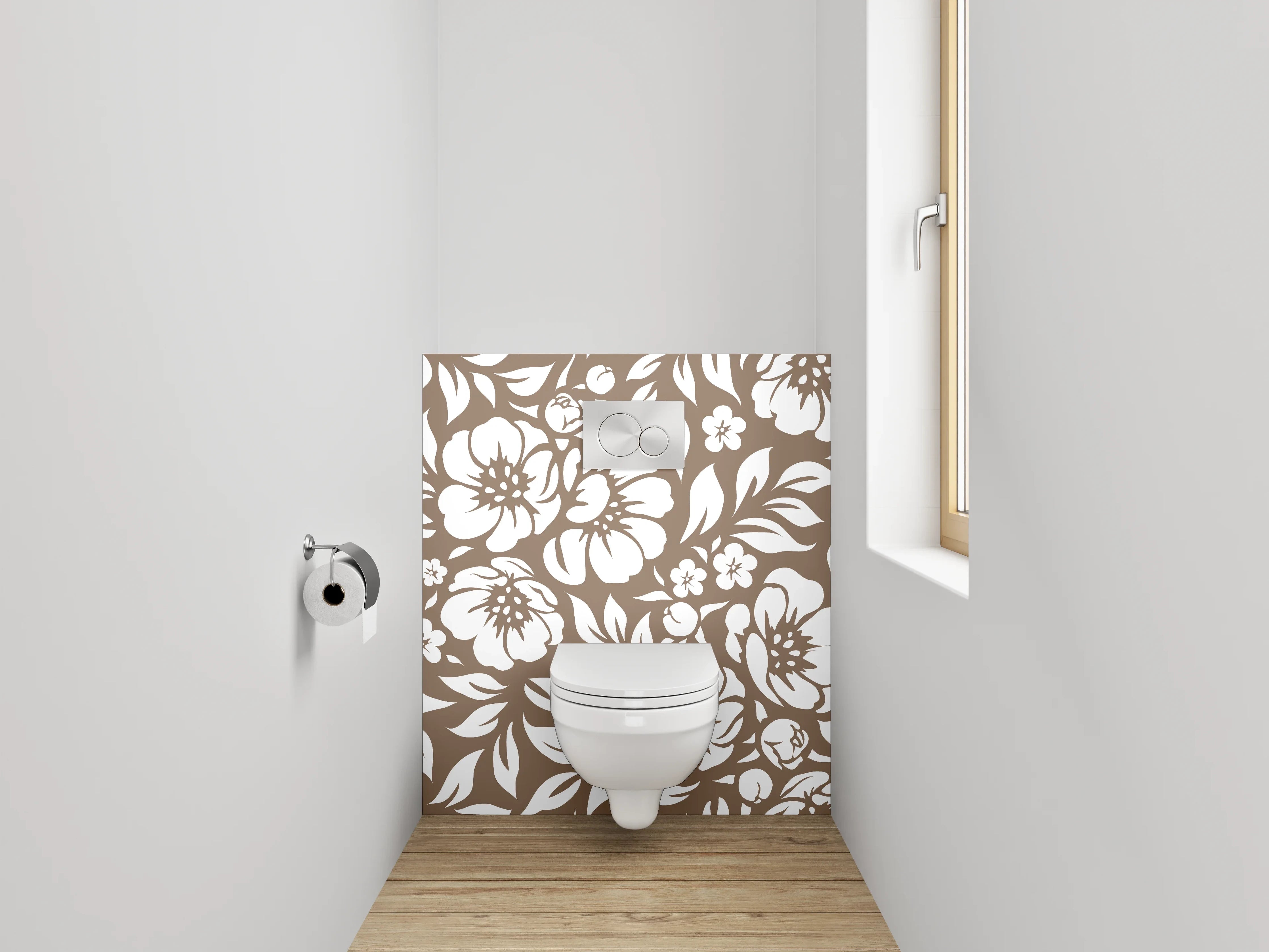 WC-Rückwand - Florales Blumenmuster Braun Weiß
