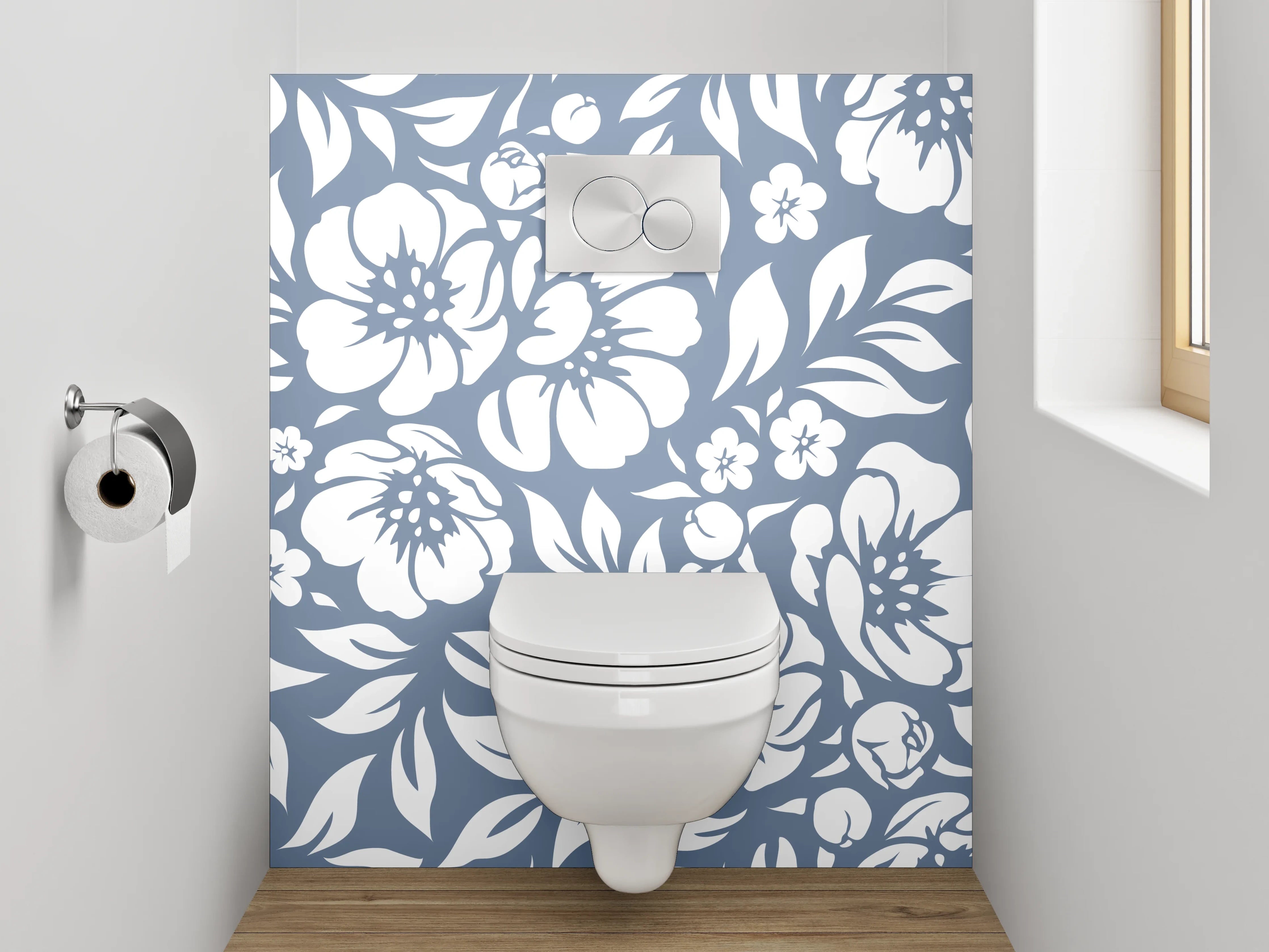 WC-Rückwand - Florales Blumenmuster Weiß-Grau