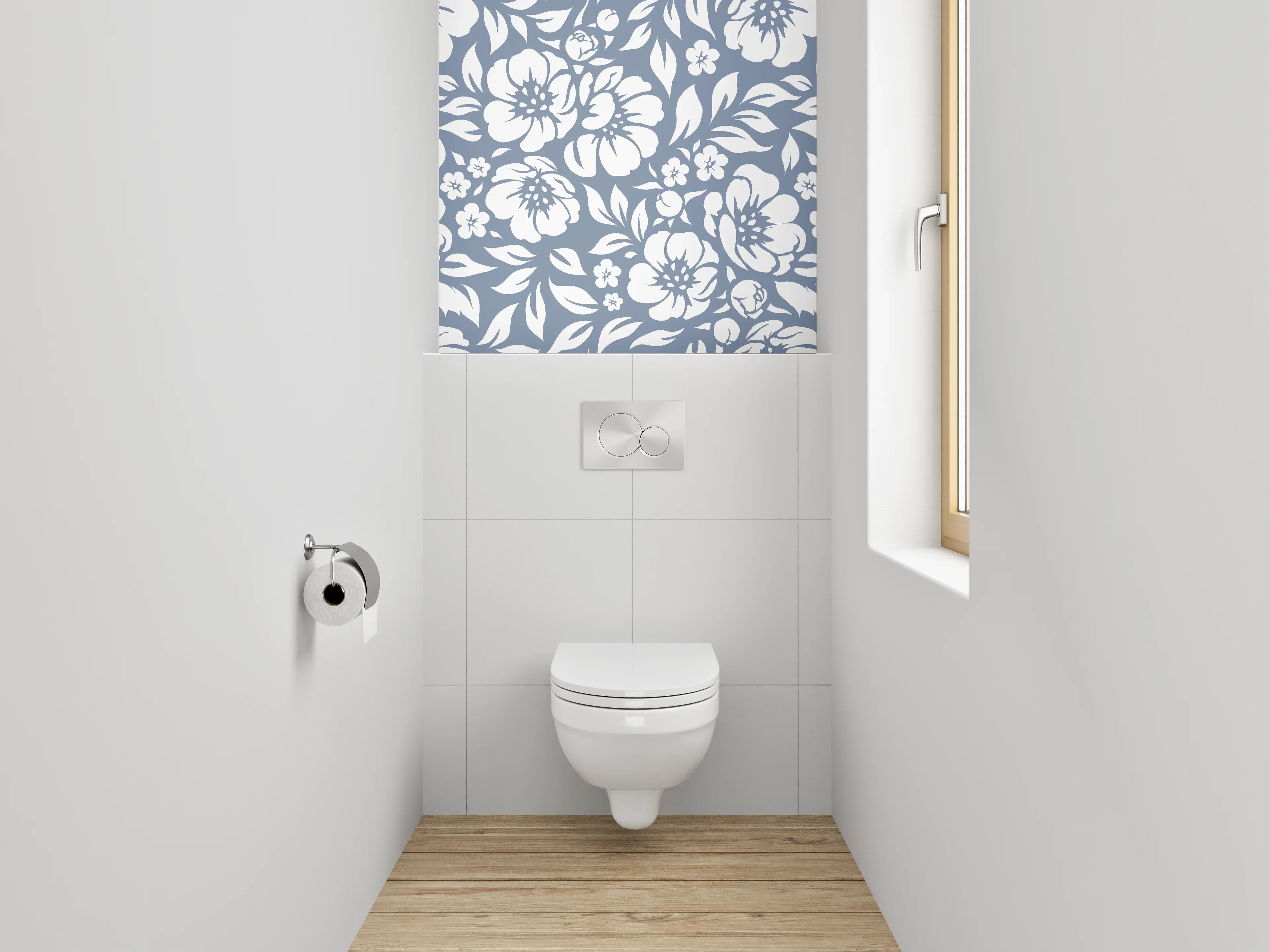 WC-Rückwand - Florales Blumenmuster Weiß-Grau