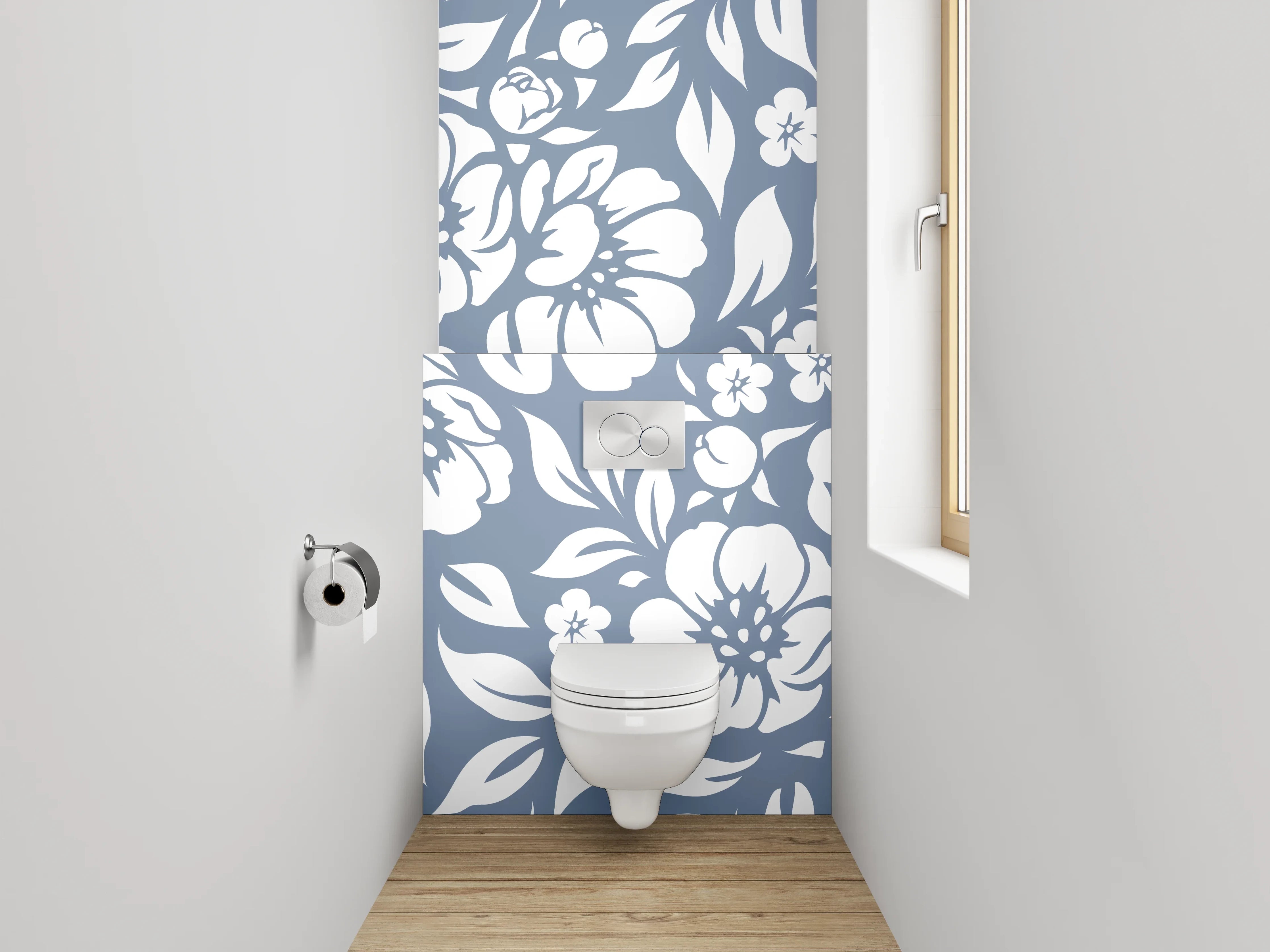 WC-Rückwand - Florales Blumenmuster Weiß-Grau