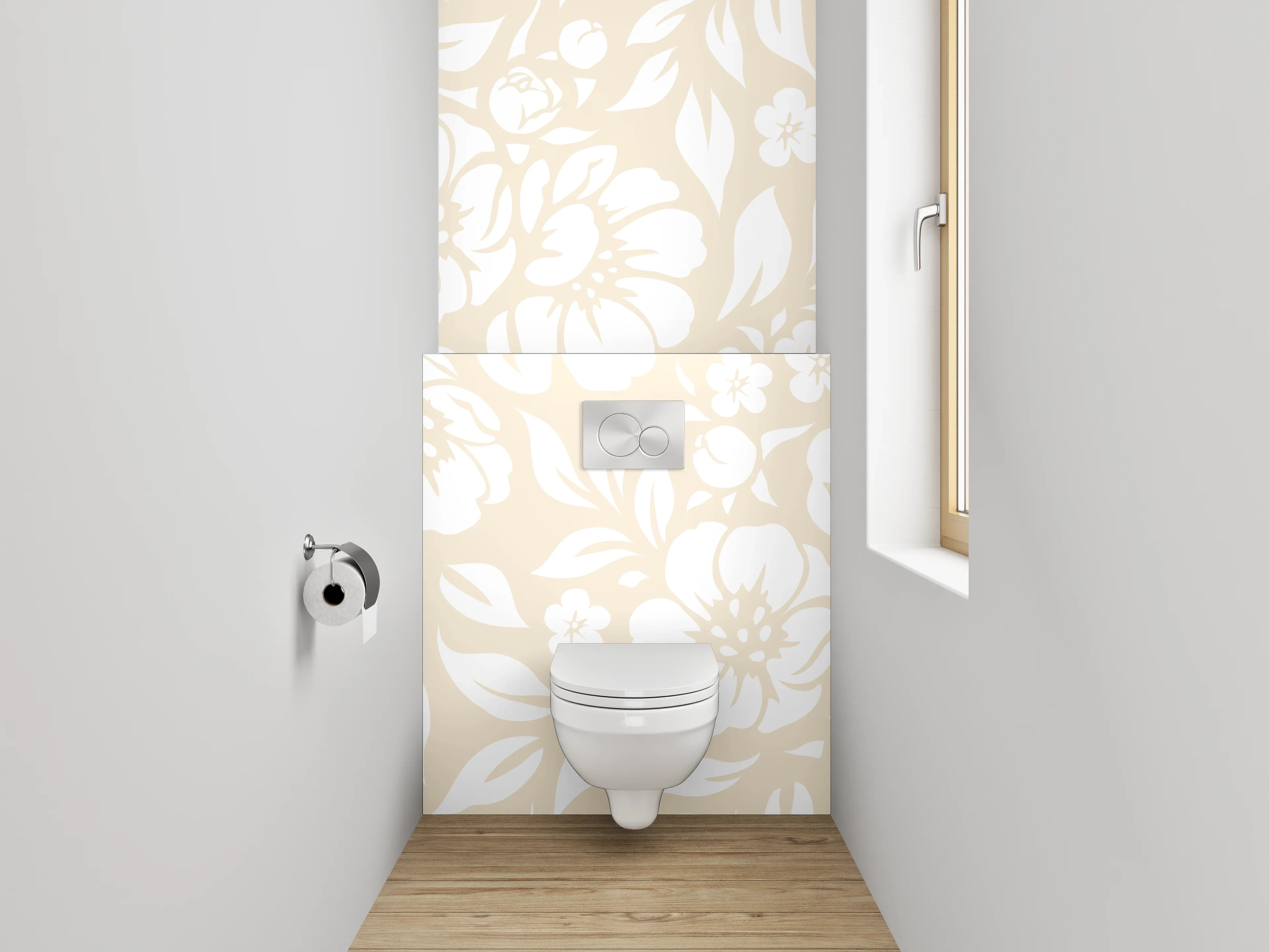 WC-Rückwand - Florales Blumenmuster in Beige-Weiß