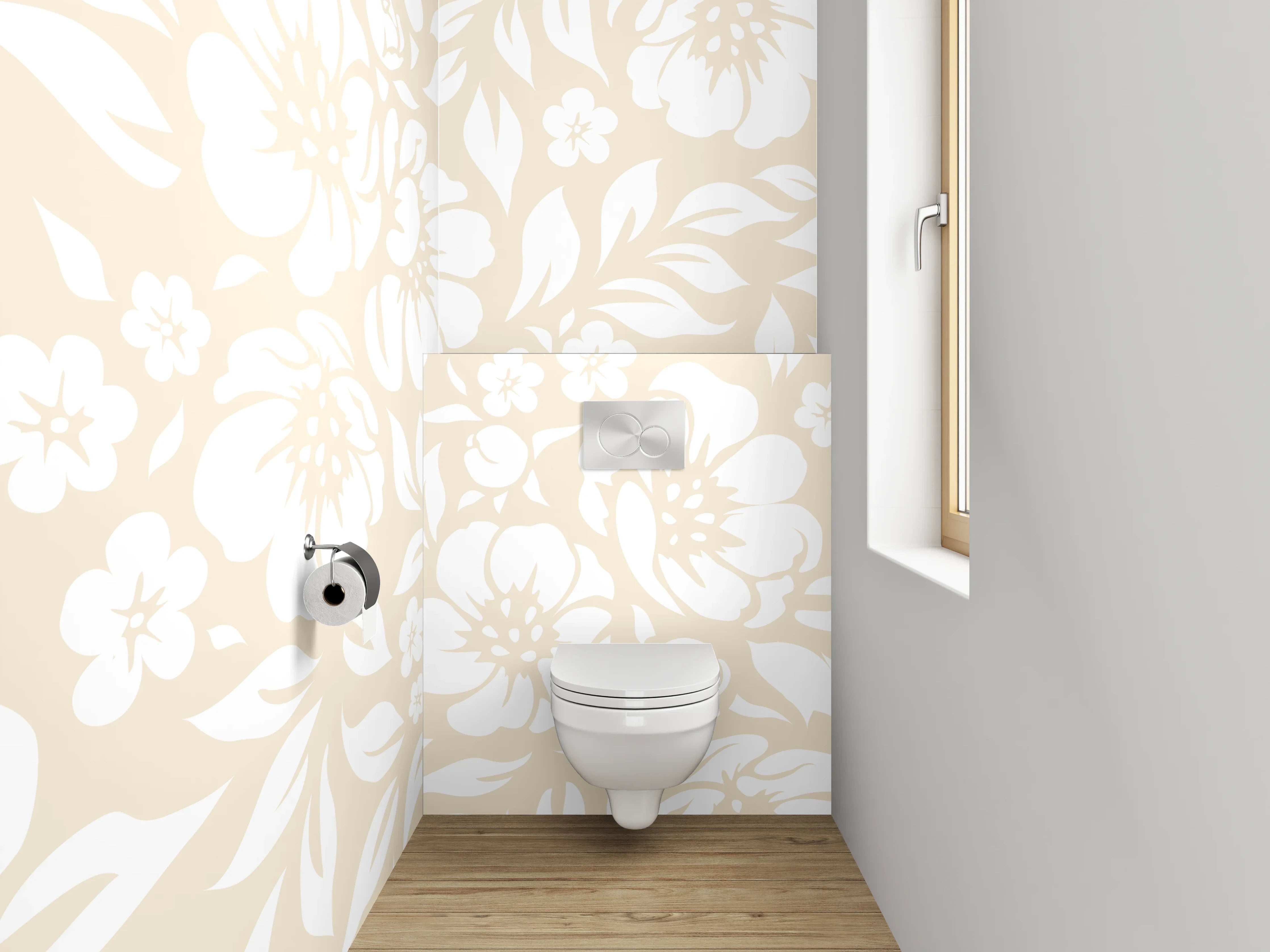WC-Rückwand - Florales Blumenmuster in Beige-Weiß