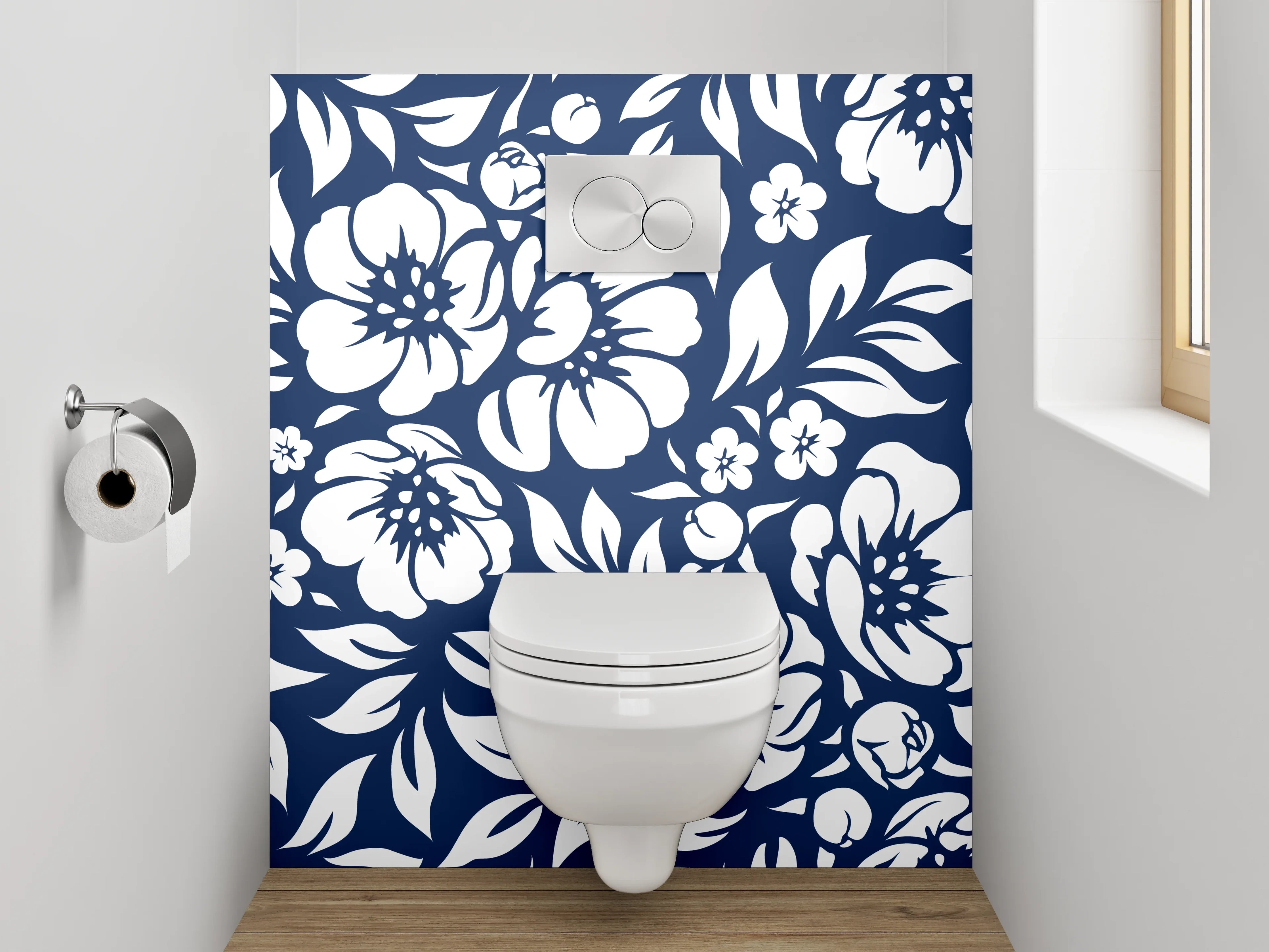 WC-Rückwand - Florales Blumenmuster in Blau-Weiß