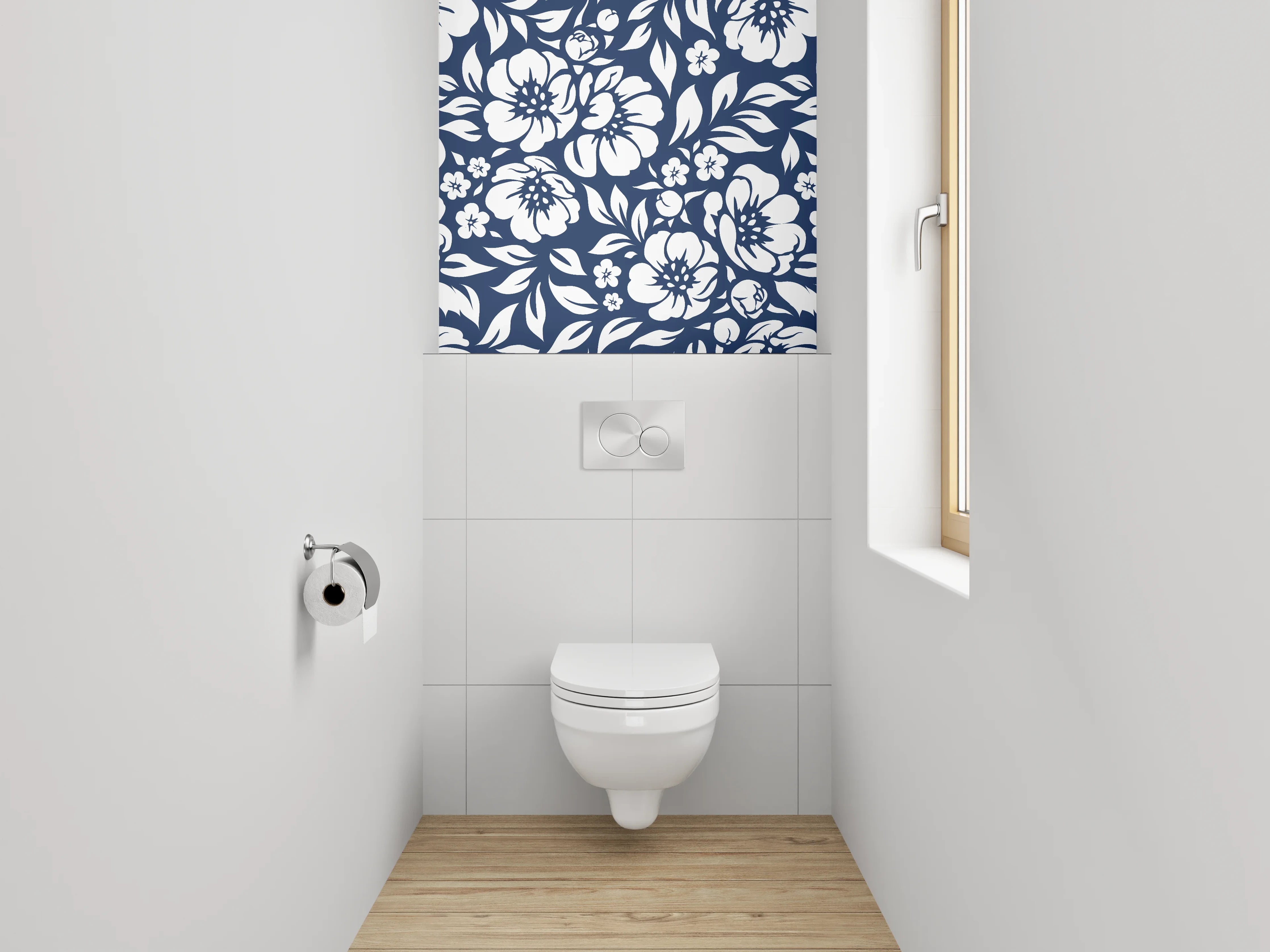 WC-Rückwand - Florales Blumenmuster in Blau-Weiß