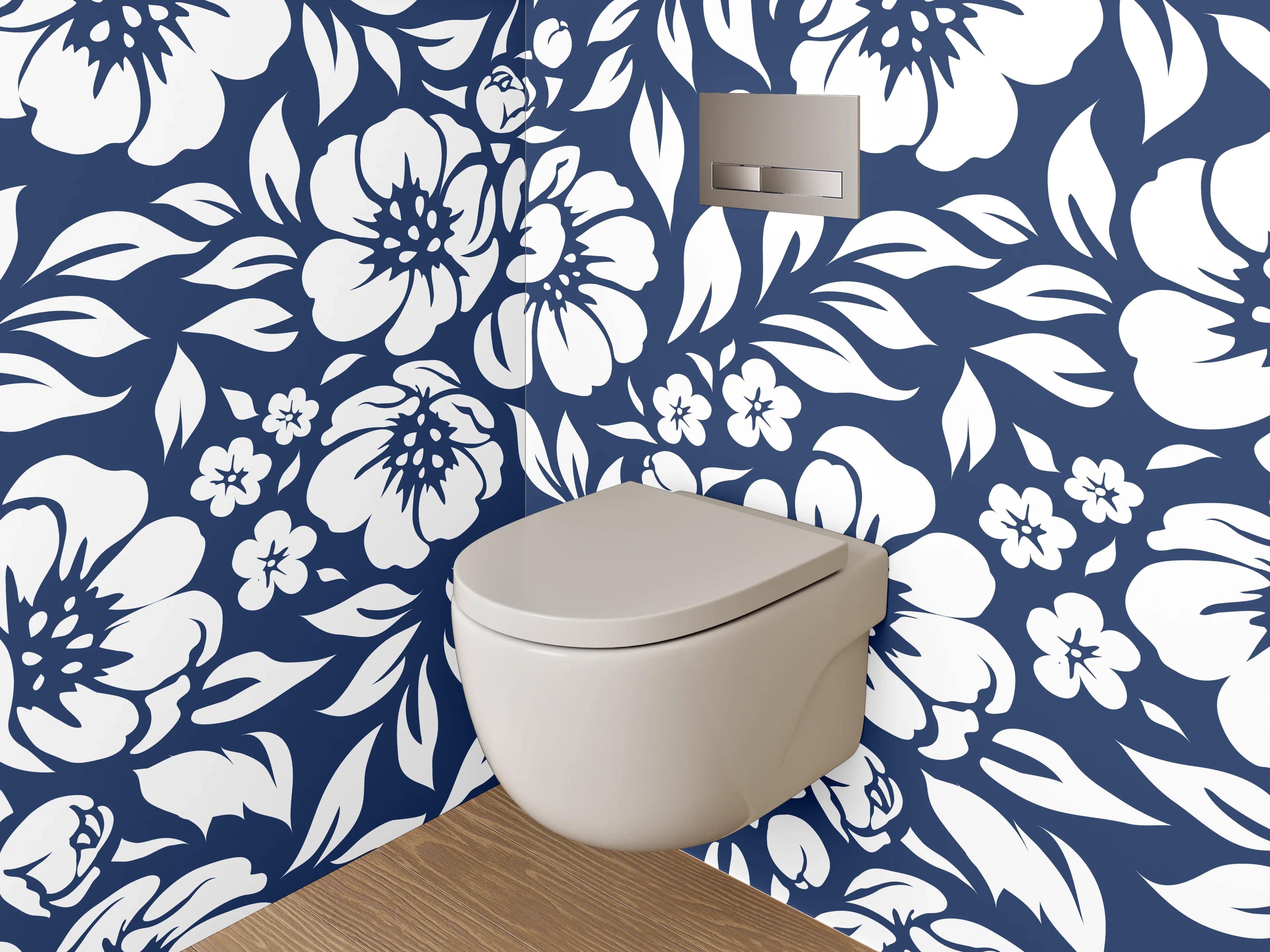 WC-Rückwand - Florales Blumenmuster in Blau-Weiß