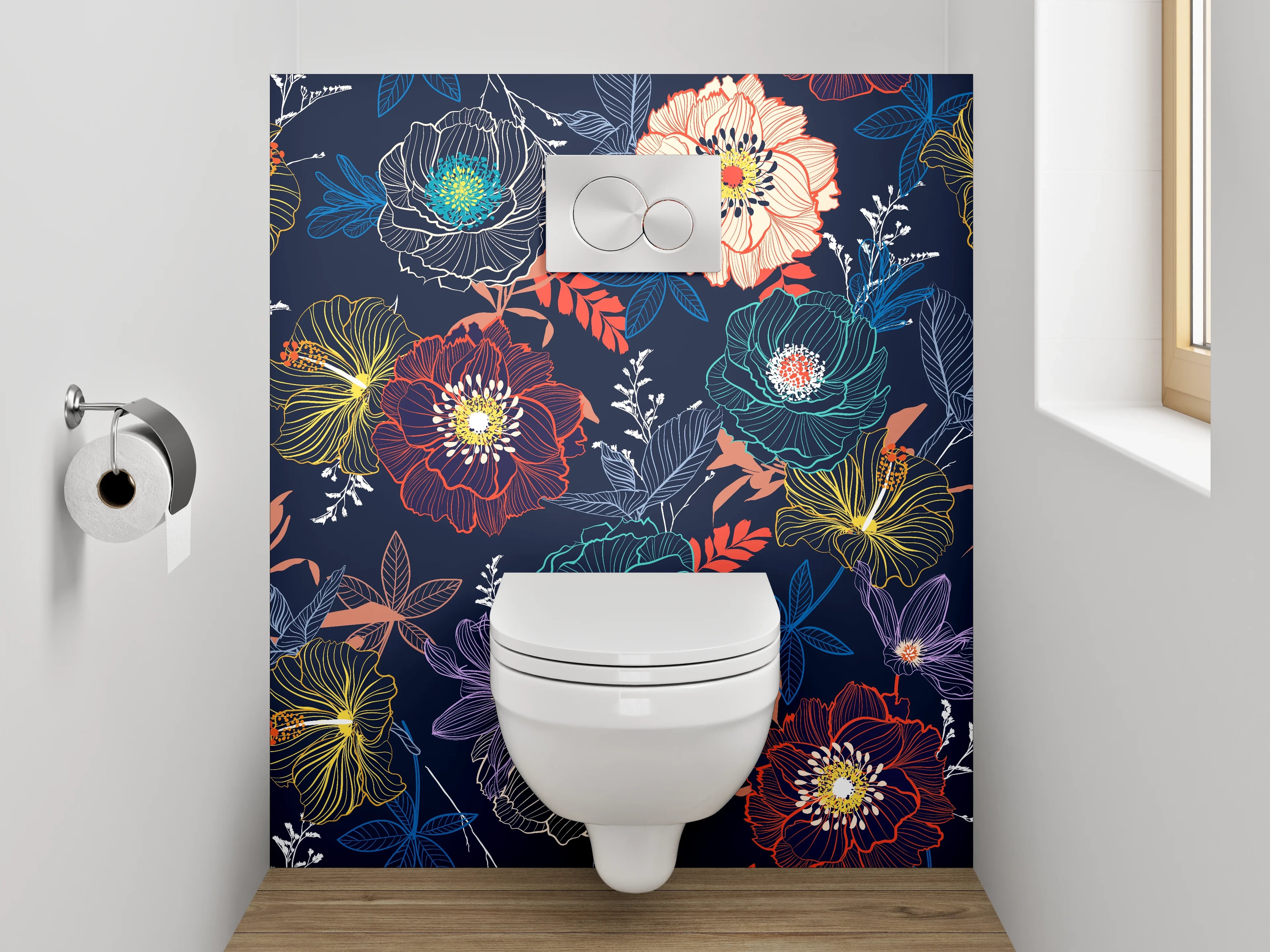 WC-Rückwand - Florales Boho-Blumenmuster Dunkelblau
