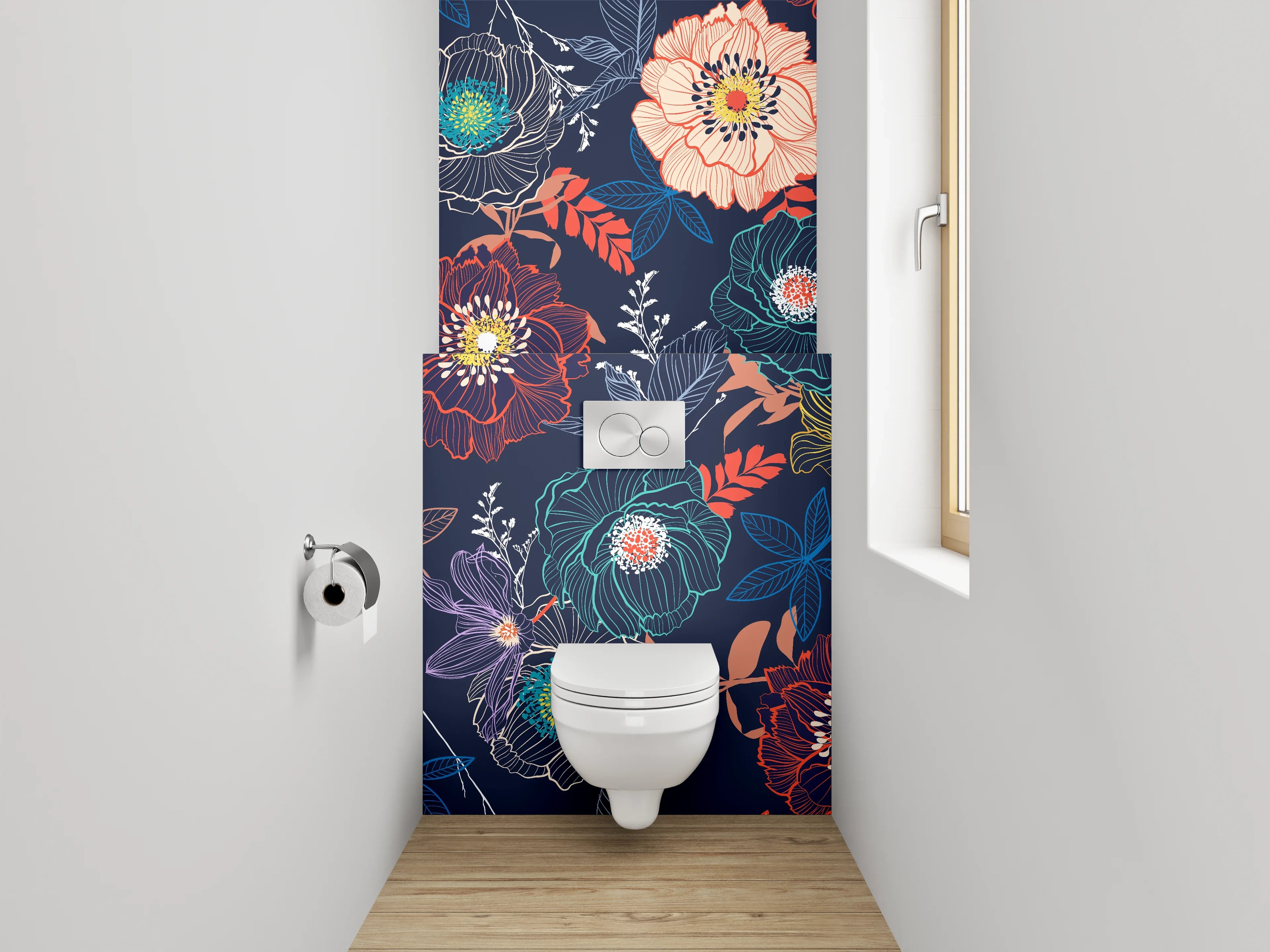 WC-Rückwand - Florales Boho-Blumenmuster Dunkelblau