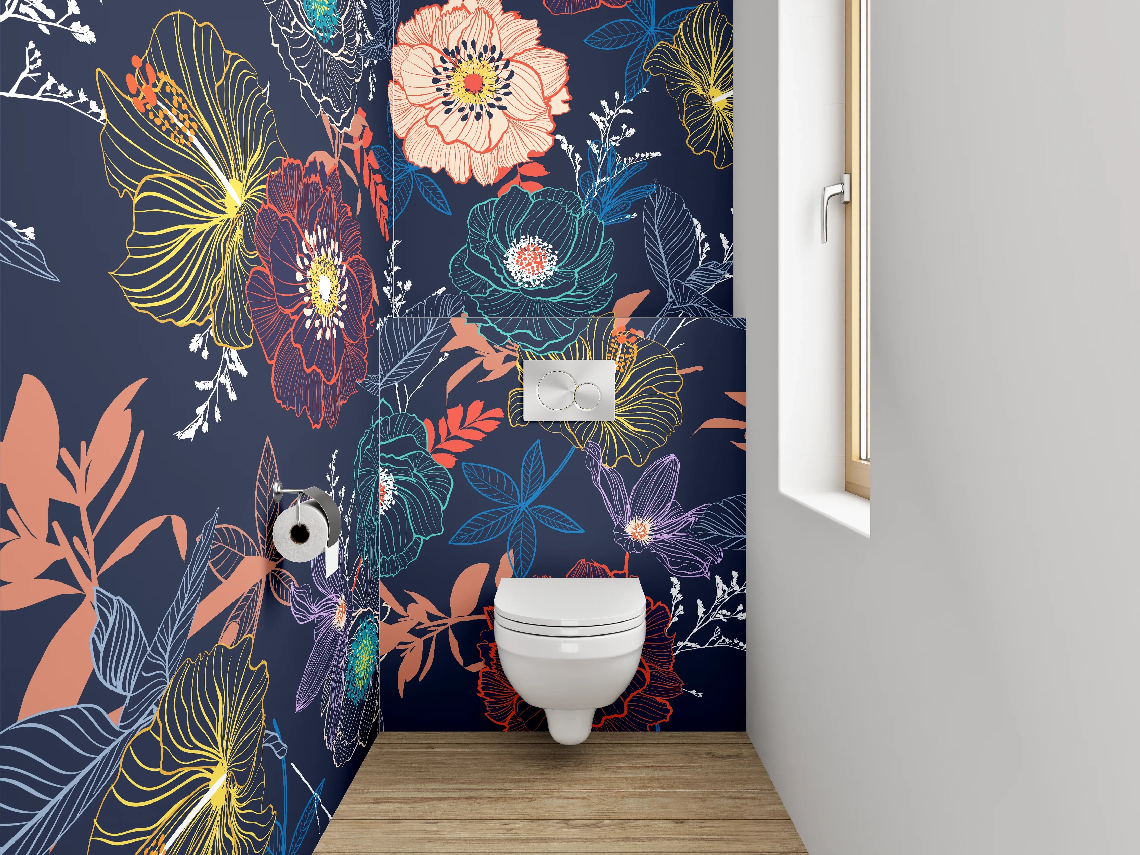 WC-Rückwand - Florales Boho-Blumenmuster Dunkelblau