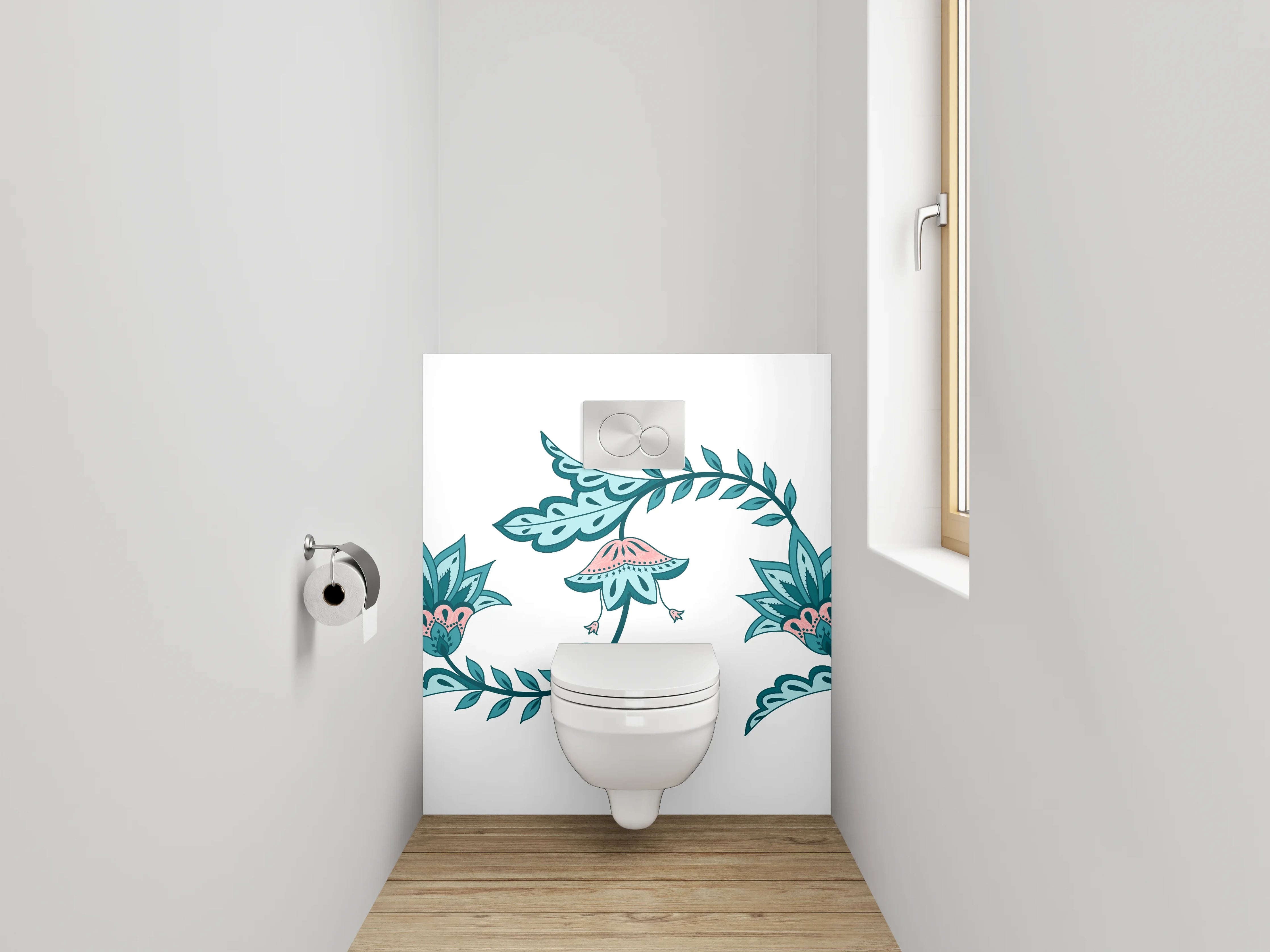 WC-Rückwand - Florales Bordürenmuster Türkis Rosa Vintage