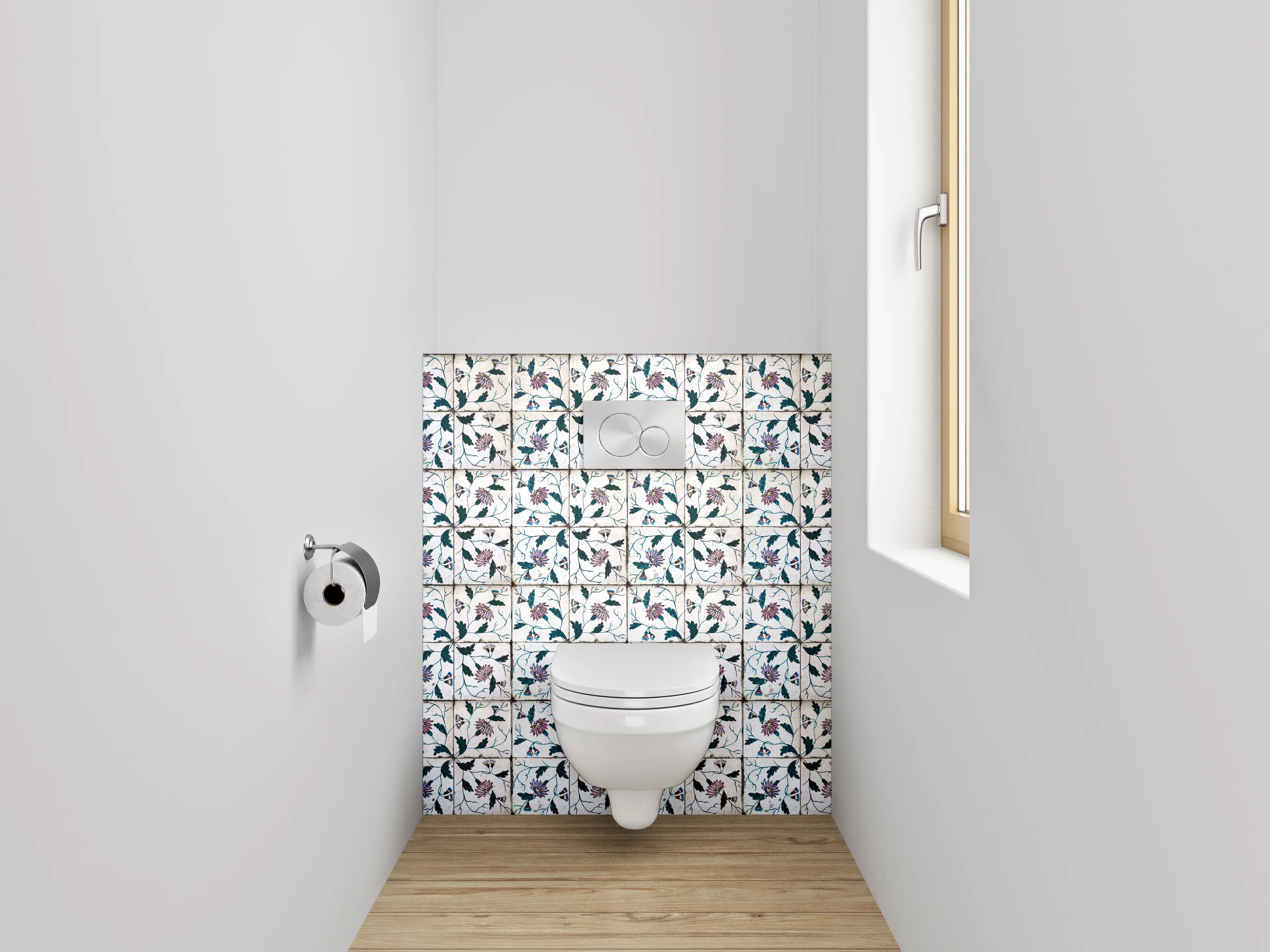 WC-Rückwand - Florales Fliesenmuster in Vintage-Optik
