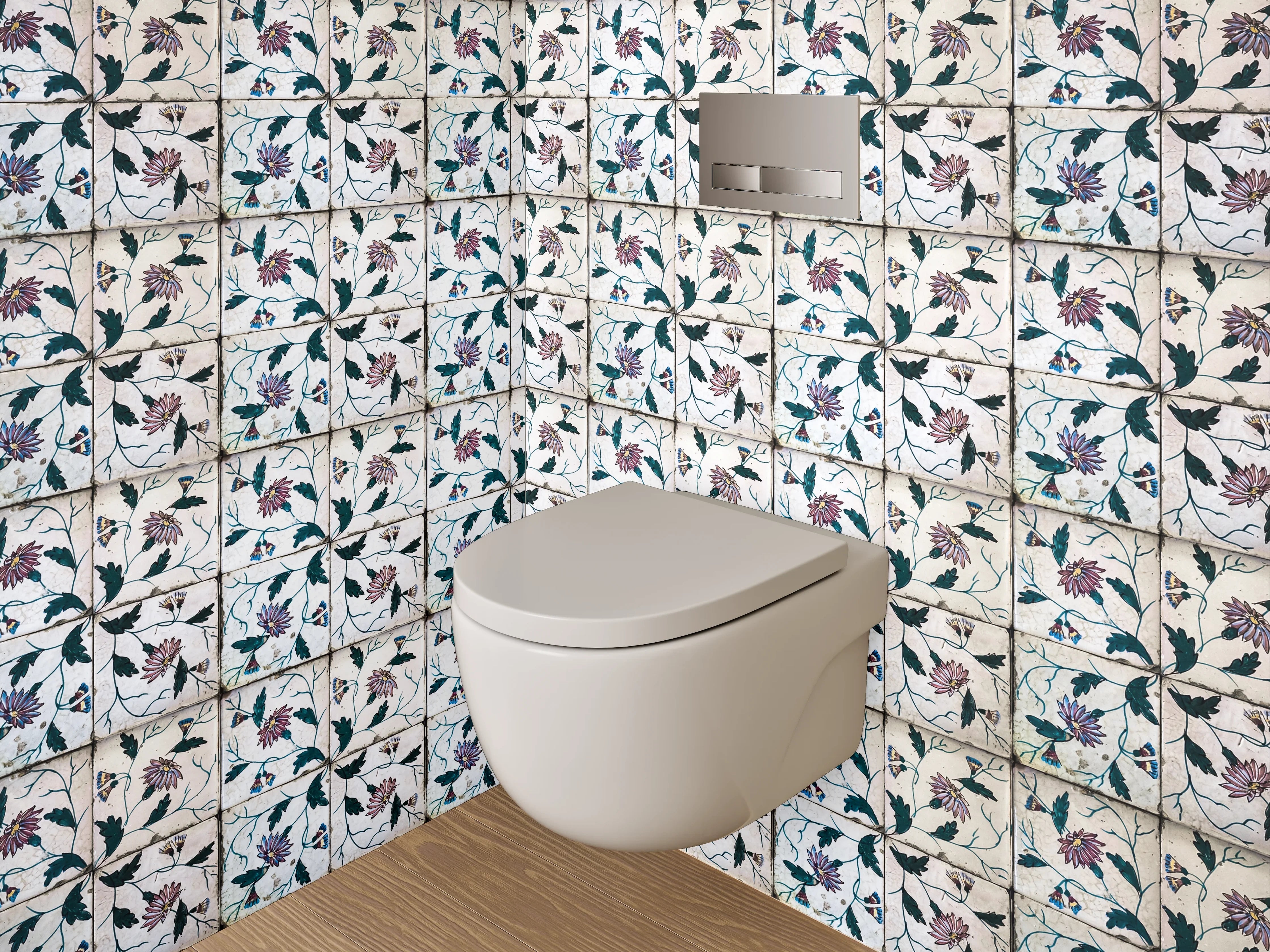 WC-Rückwand - Florales Fliesenmuster in Vintage-Optik