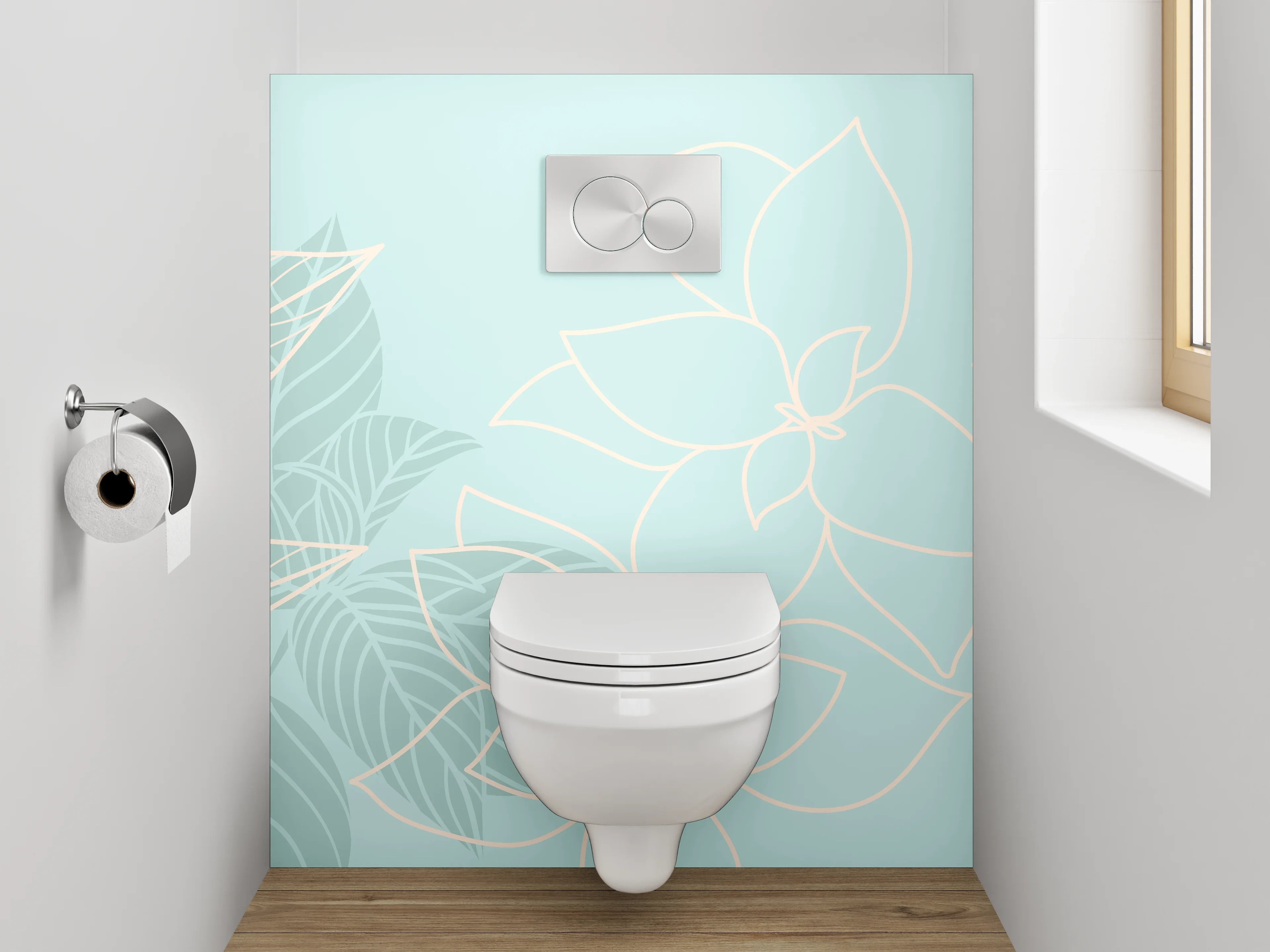WC-Rückwand - Florales Lineart-Muster auf Hellblau
