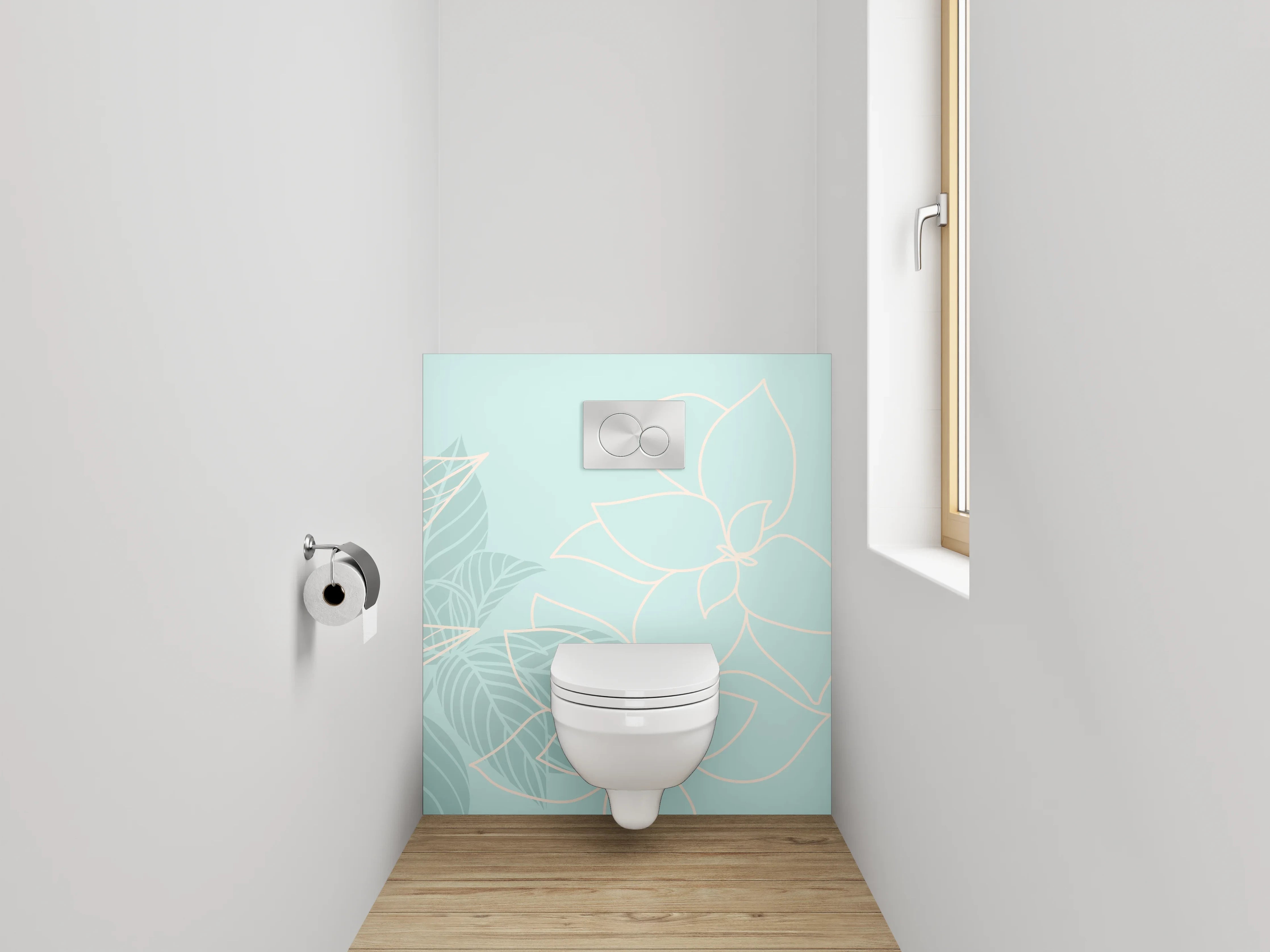 WC-Rückwand - Florales Lineart-Muster auf Hellblau