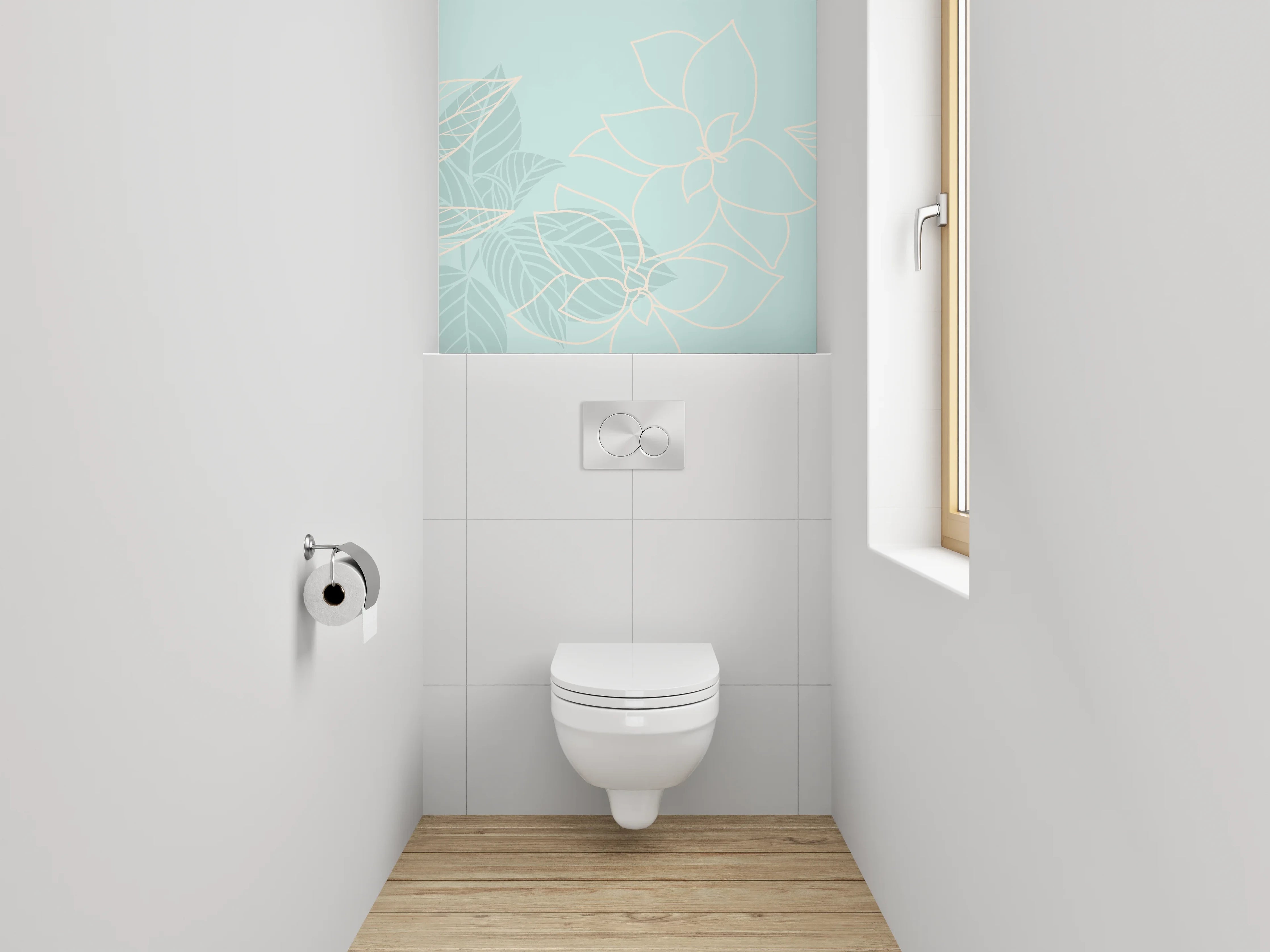 WC-Rückwand - Florales Lineart-Muster auf Hellblau