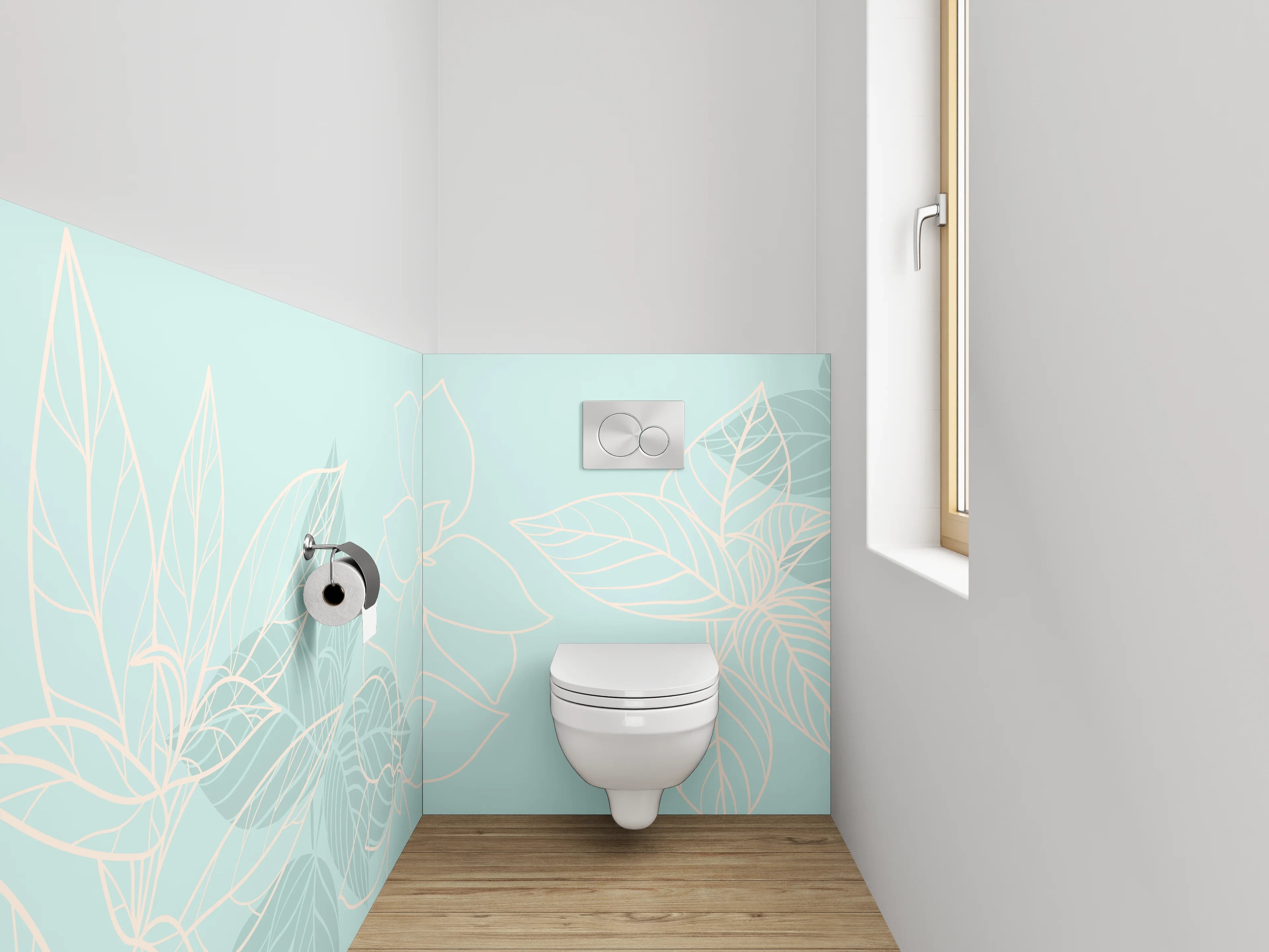 WC-Rückwand - Florales Lineart-Muster auf Hellblau
