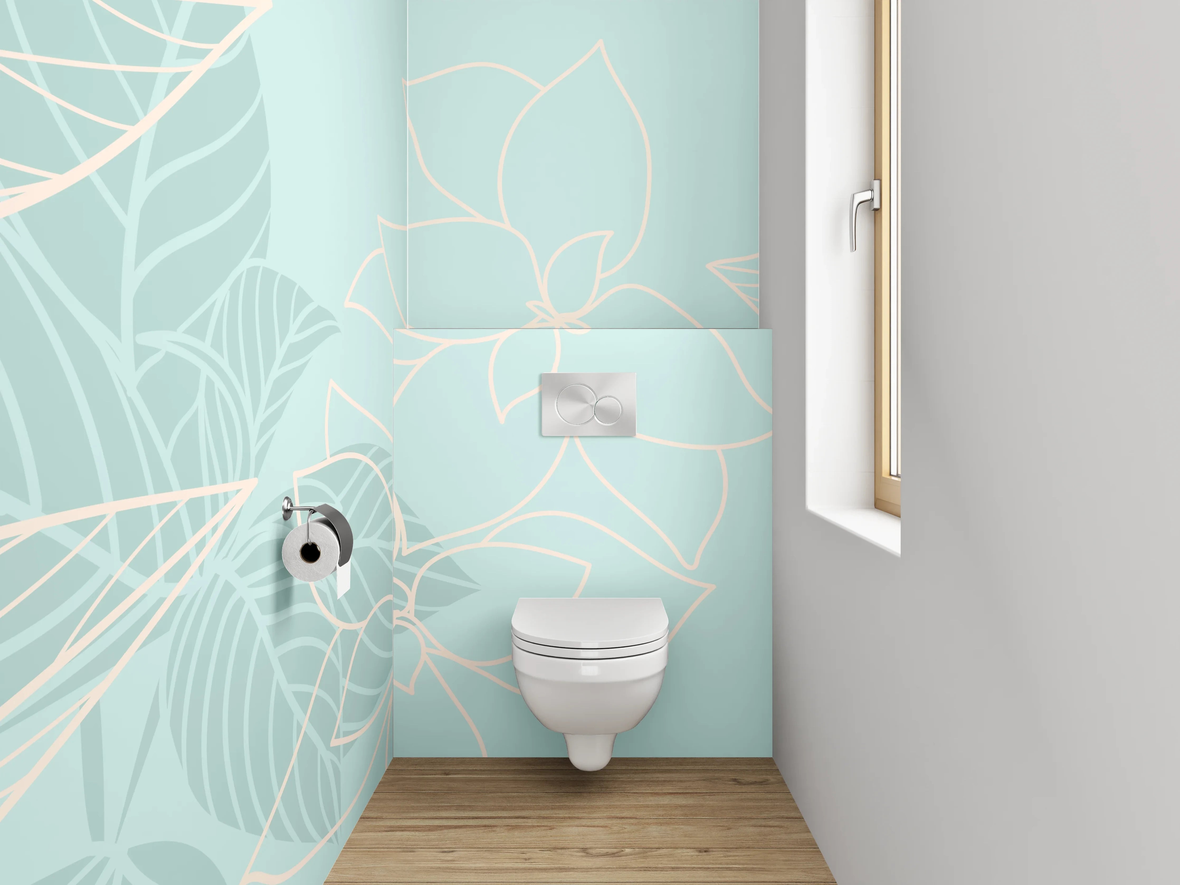 WC-Rückwand - Florales Lineart-Muster auf Hellblau