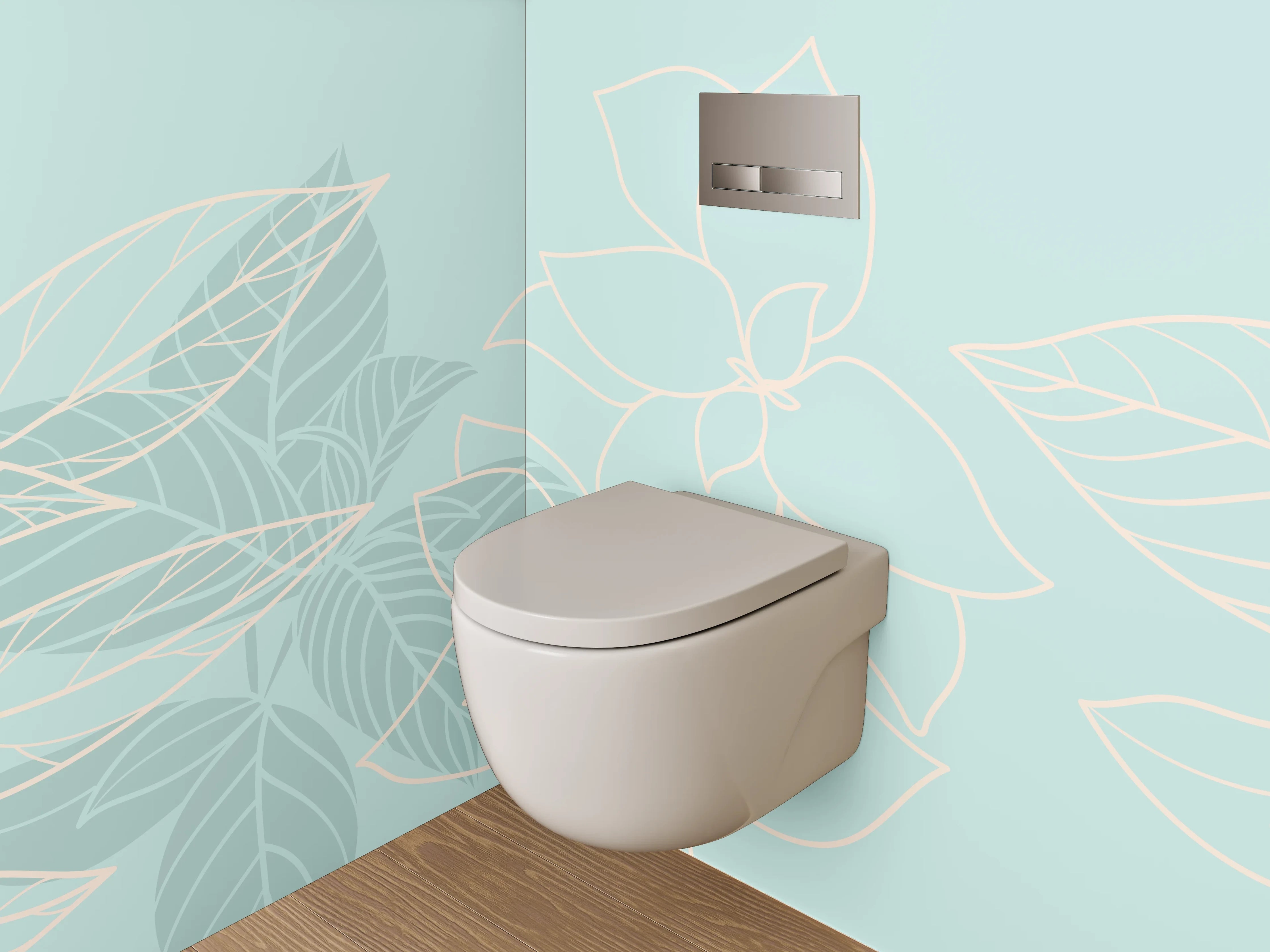 WC-Rückwand - Florales Lineart-Muster auf Hellblau