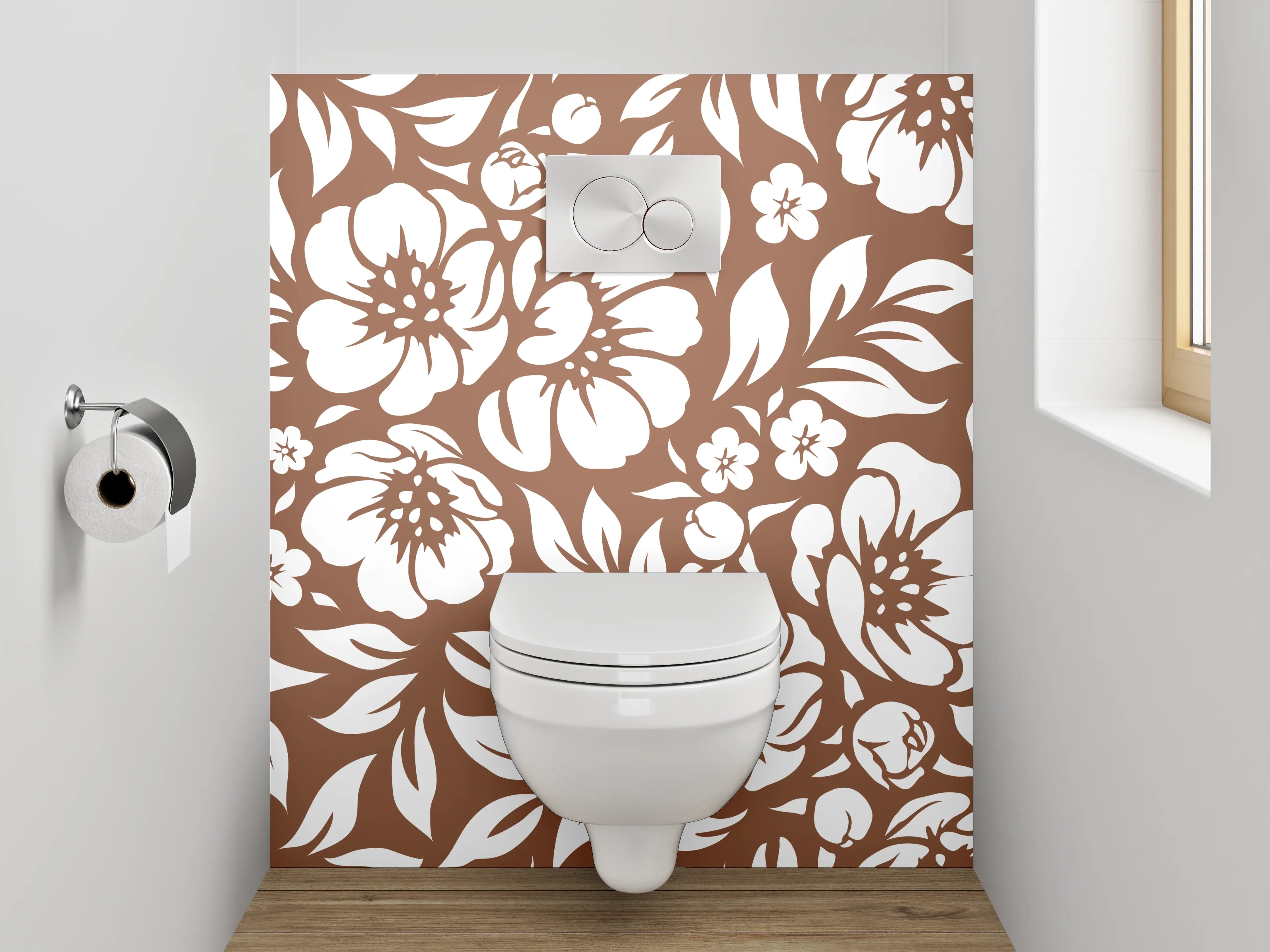 WC-Rückwand - Florales Muster Braun Weiß