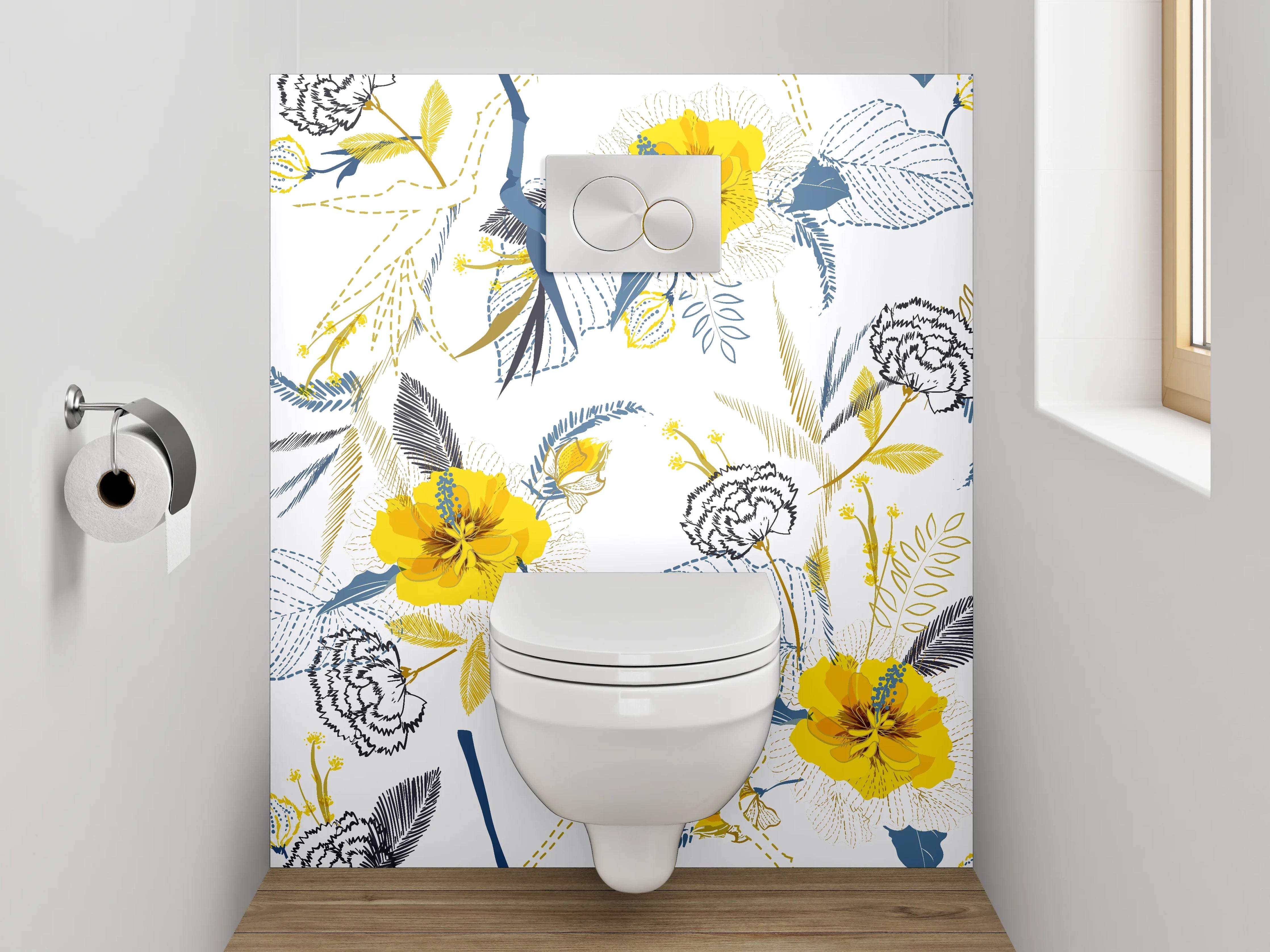 WC-Rückwand - Florales Muster Gelb Grau Weiß