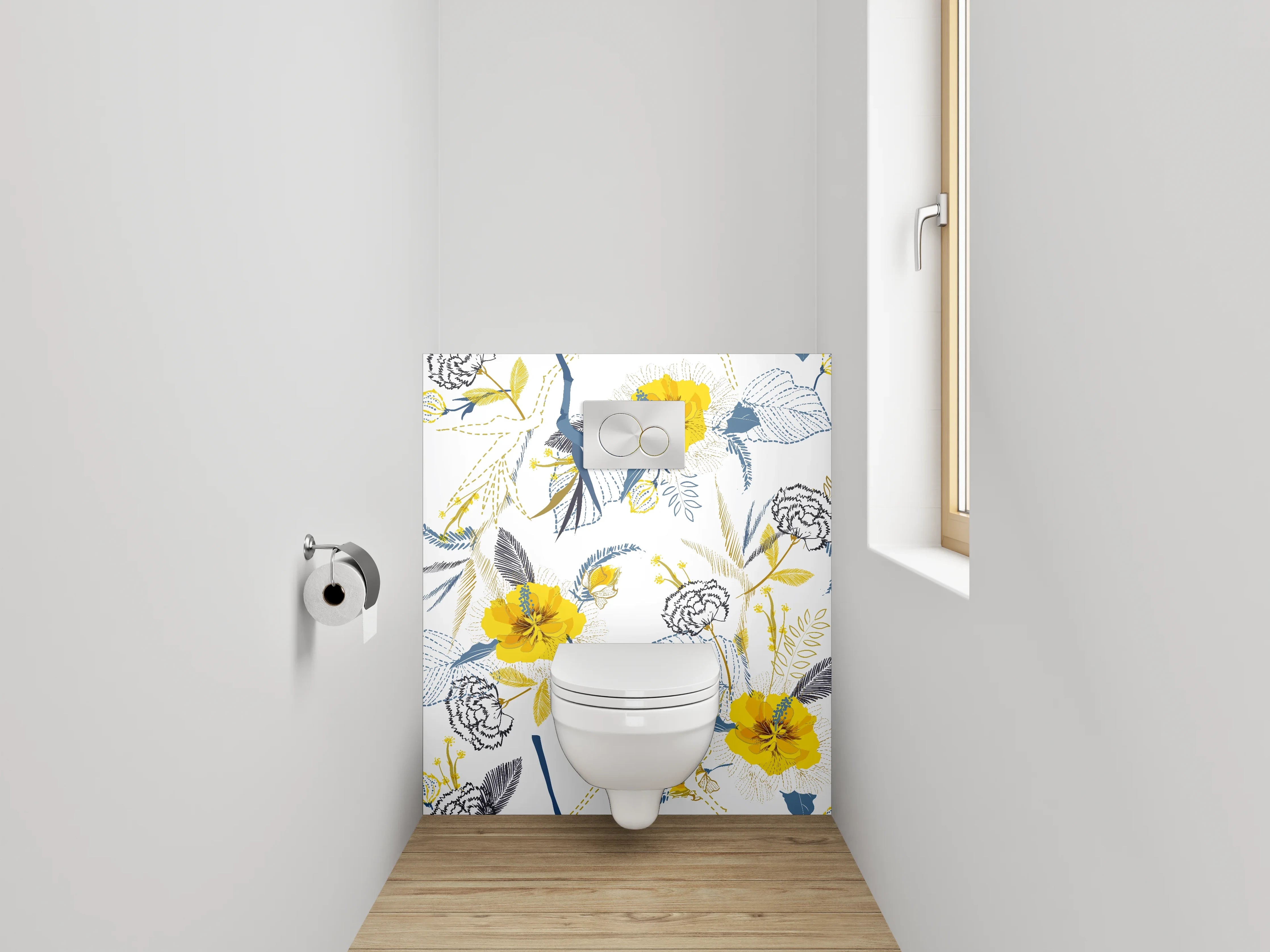 WC-Rückwand - Florales Muster Gelb Grau Weiß