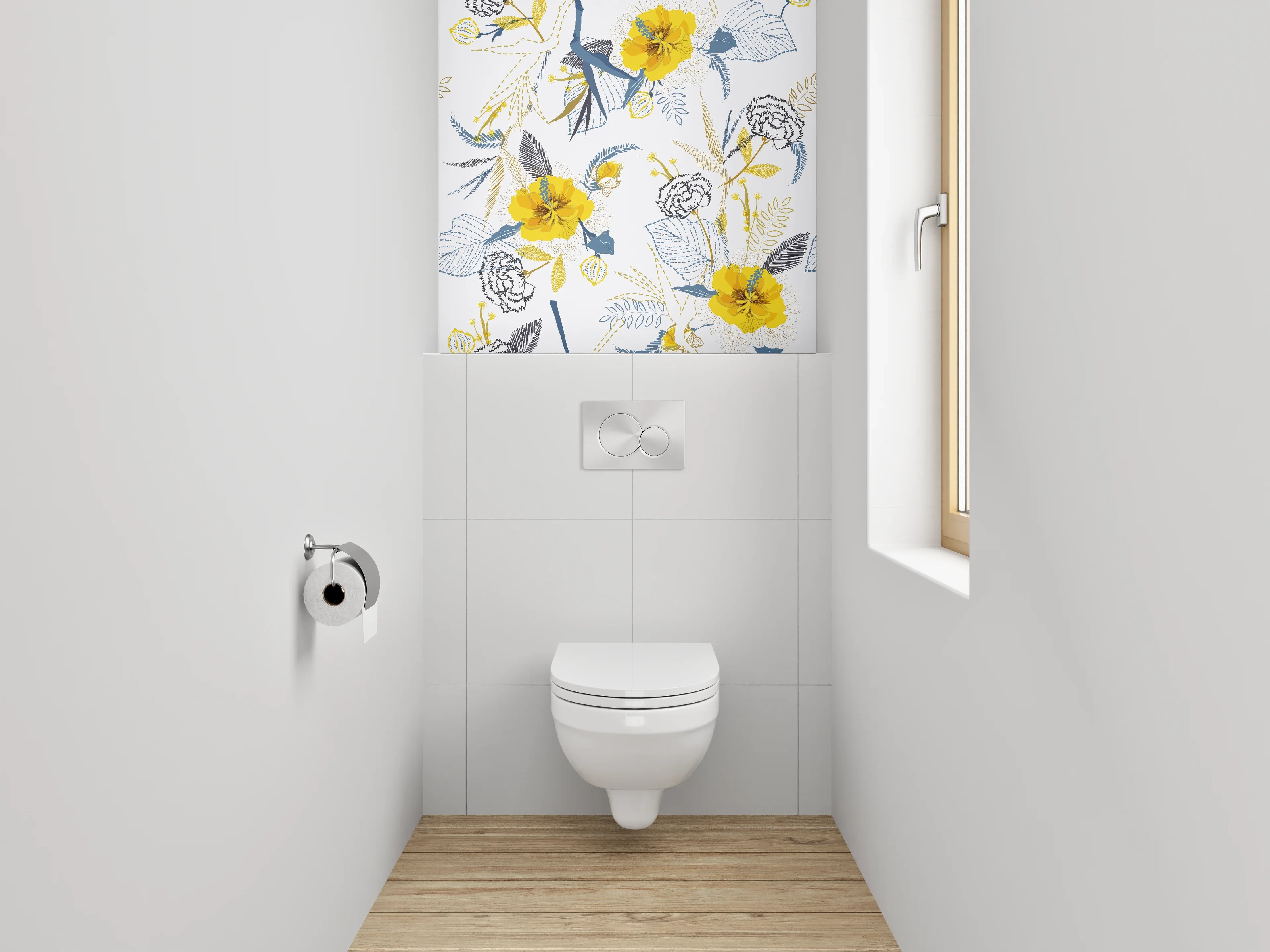 WC-Rückwand - Florales Muster Gelb Grau Weiß