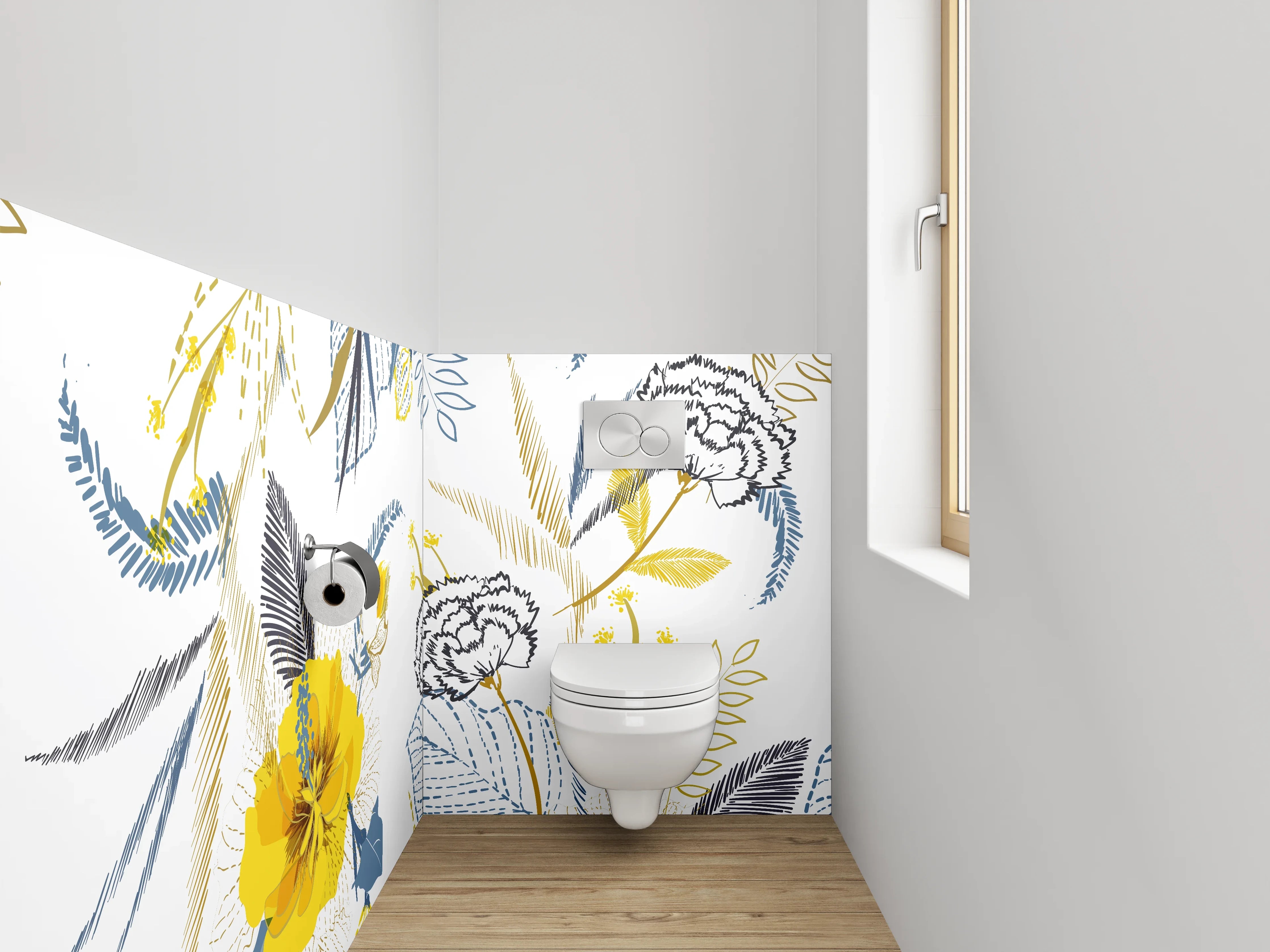 WC-Rückwand - Florales Muster Gelb Grau Weiß