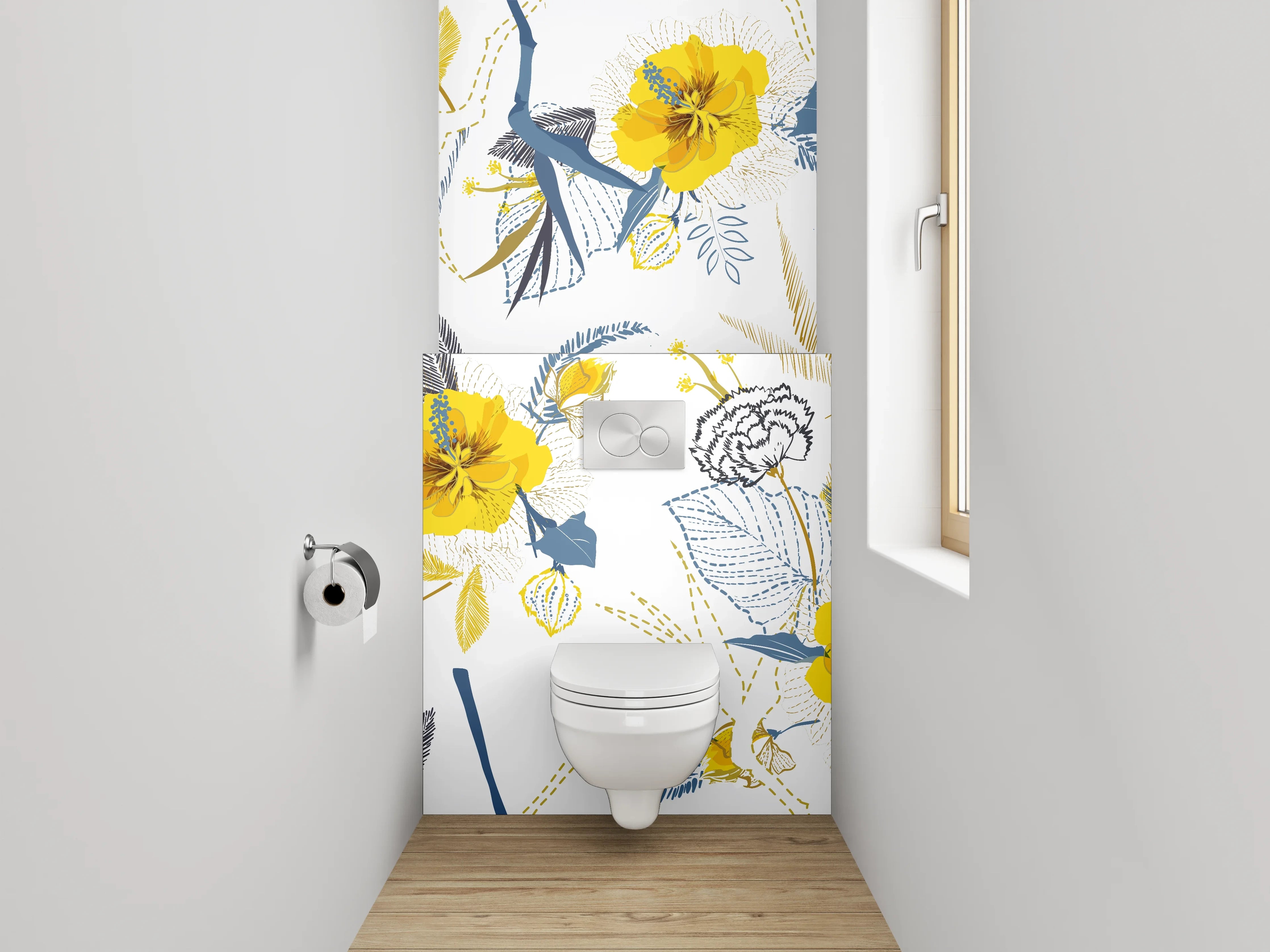 WC-Rückwand - Florales Muster Gelb Grau Weiß