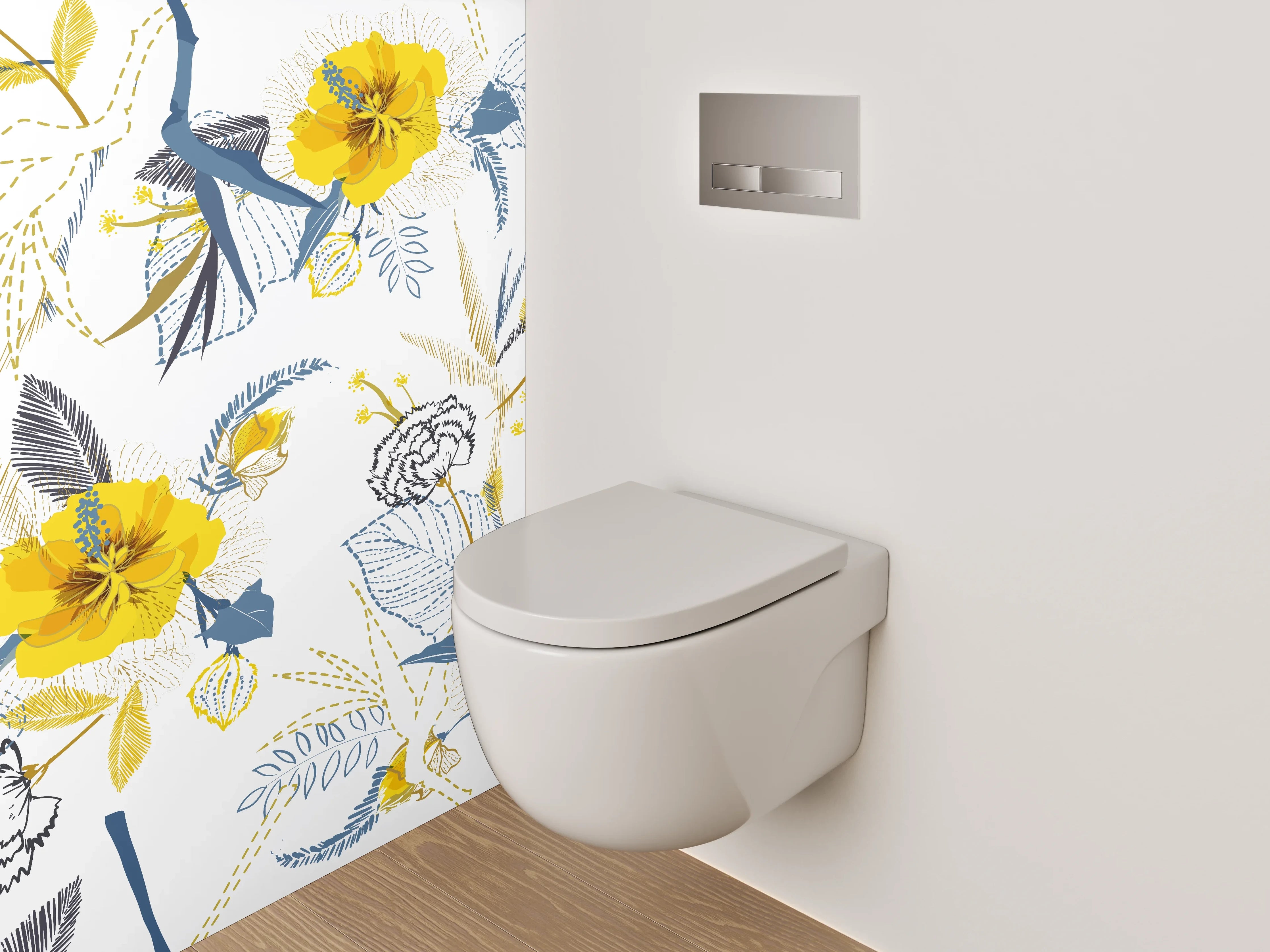 WC-Rückwand - Florales Muster Gelb Grau Weiß