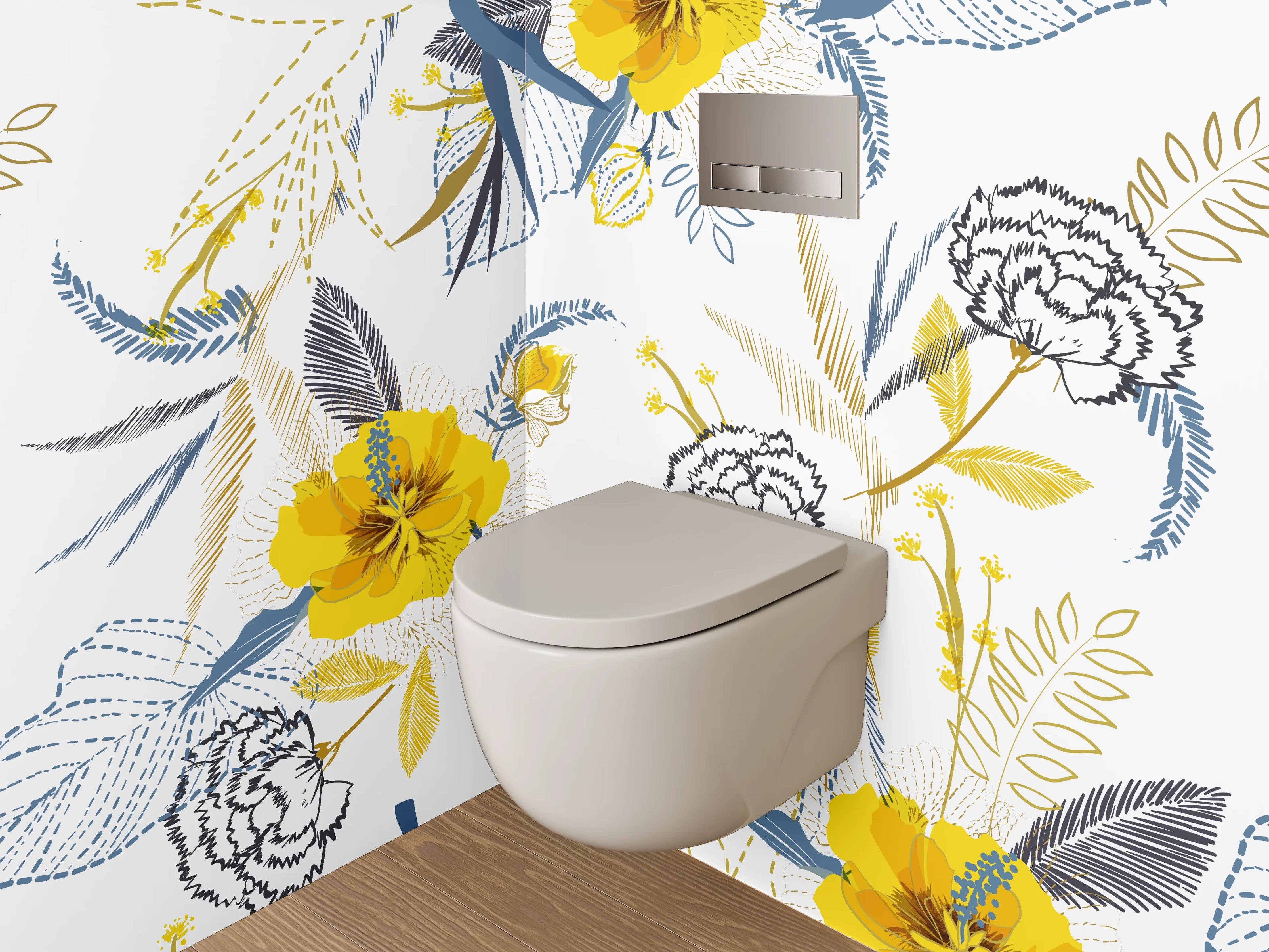WC-Rückwand - Florales Muster Gelb Grau Weiß