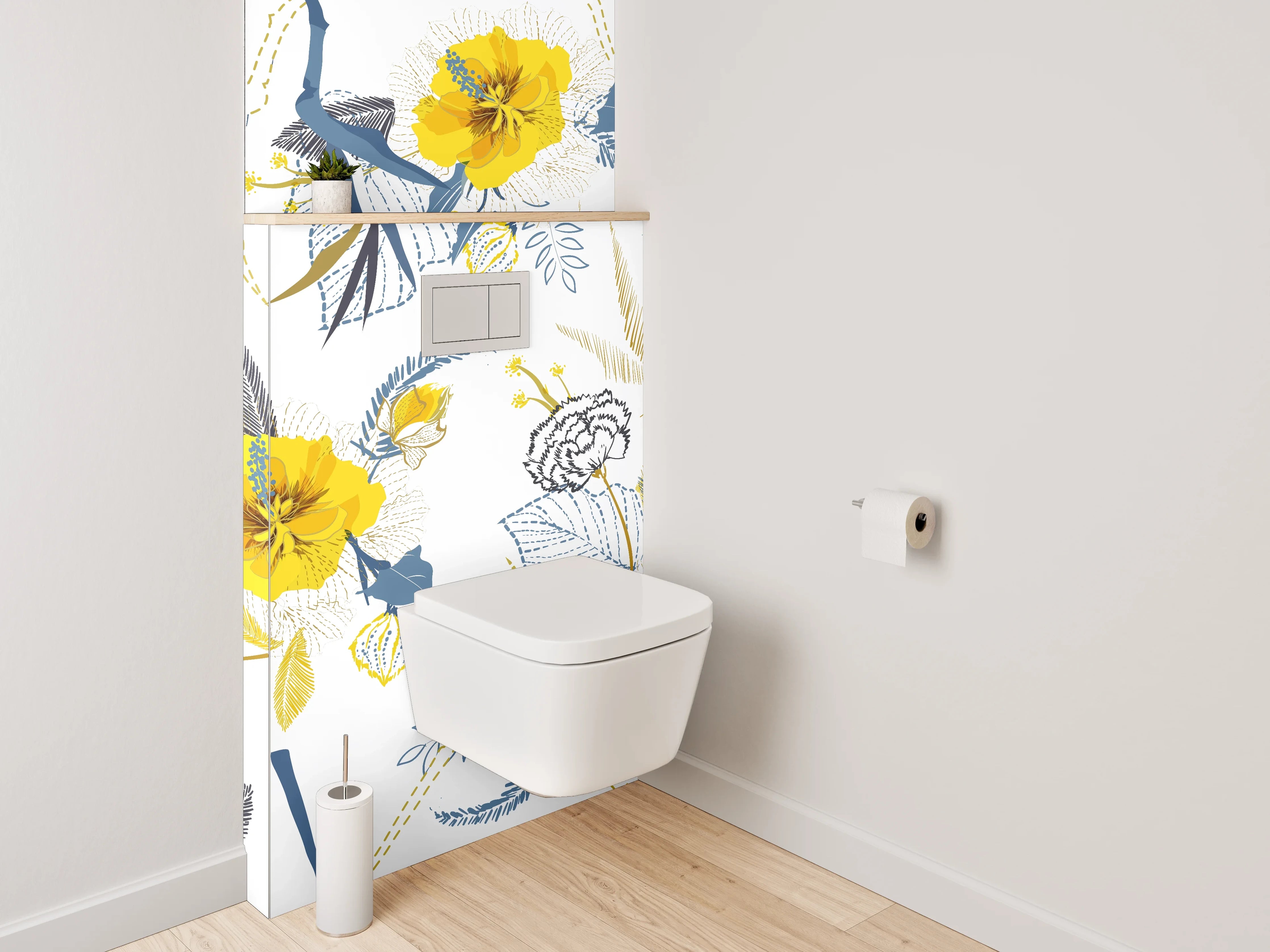 WC-Rückwand - Florales Muster Gelb Grau Weiß