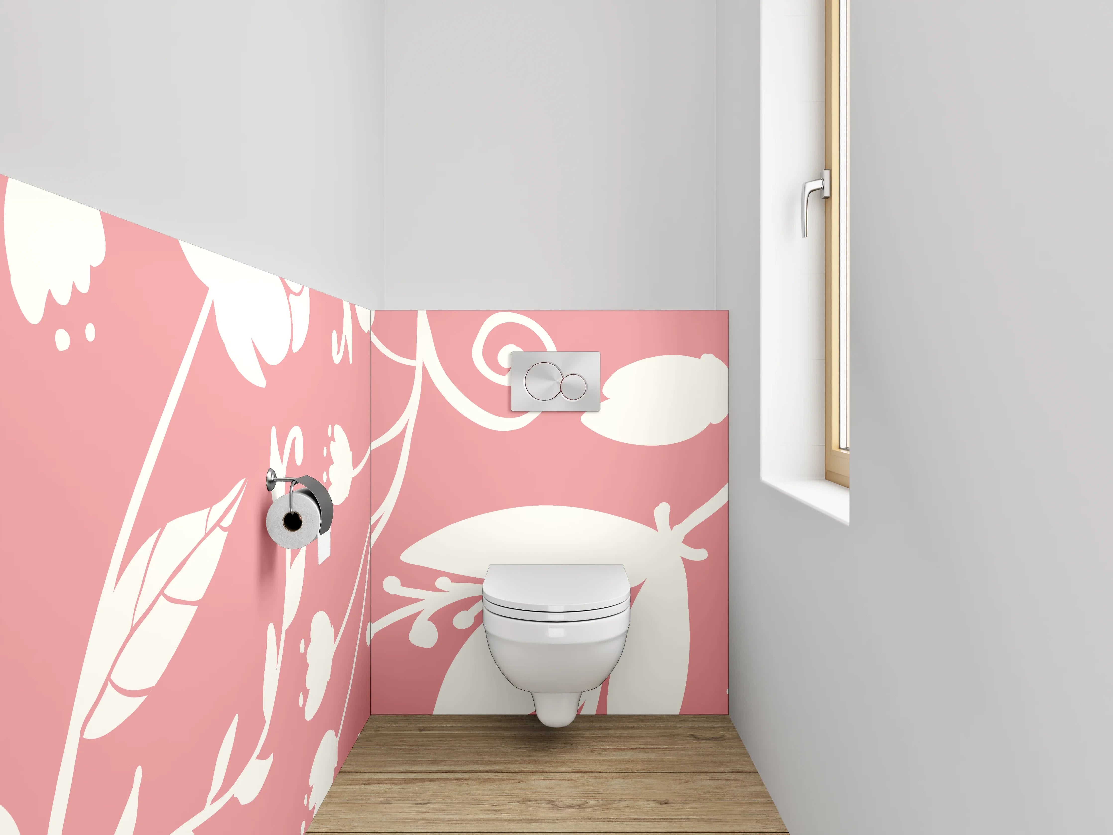 WC-Rückwand - Florales Muster Rosa Weiß Deko