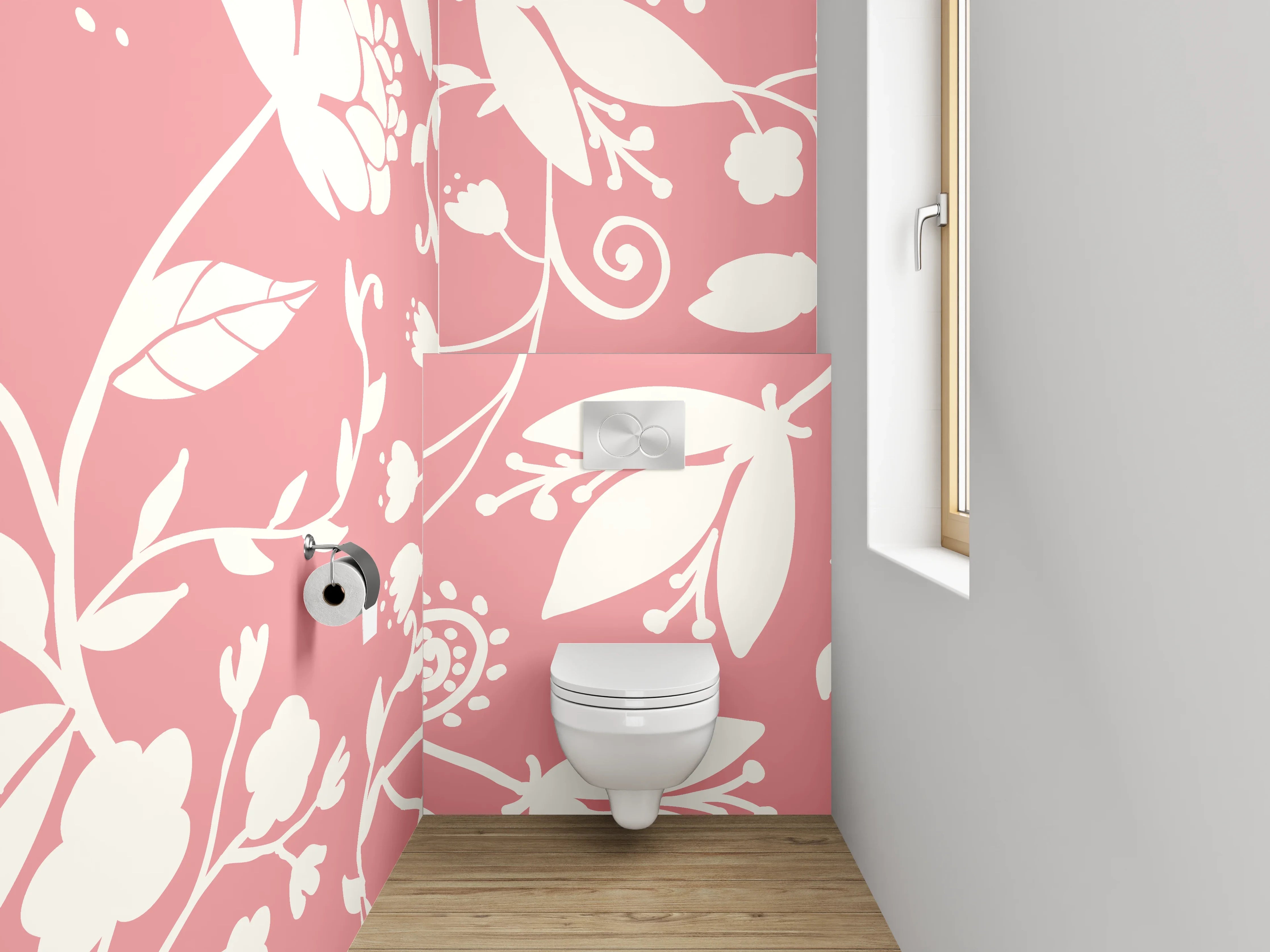 WC-Rückwand - Florales Muster Rosa Weiß Deko