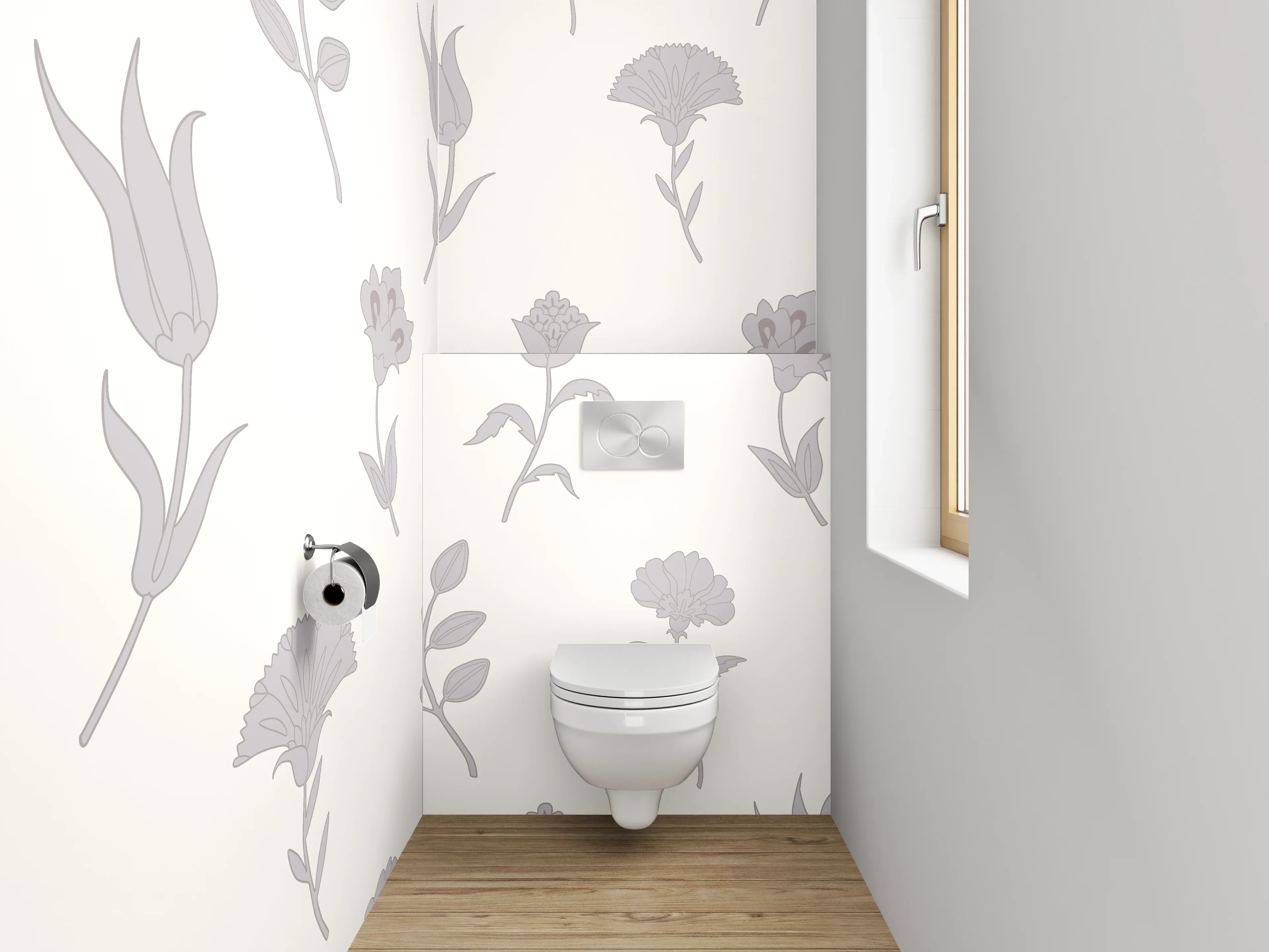 WC-Rückwand - Florales Muster Weiß Grau