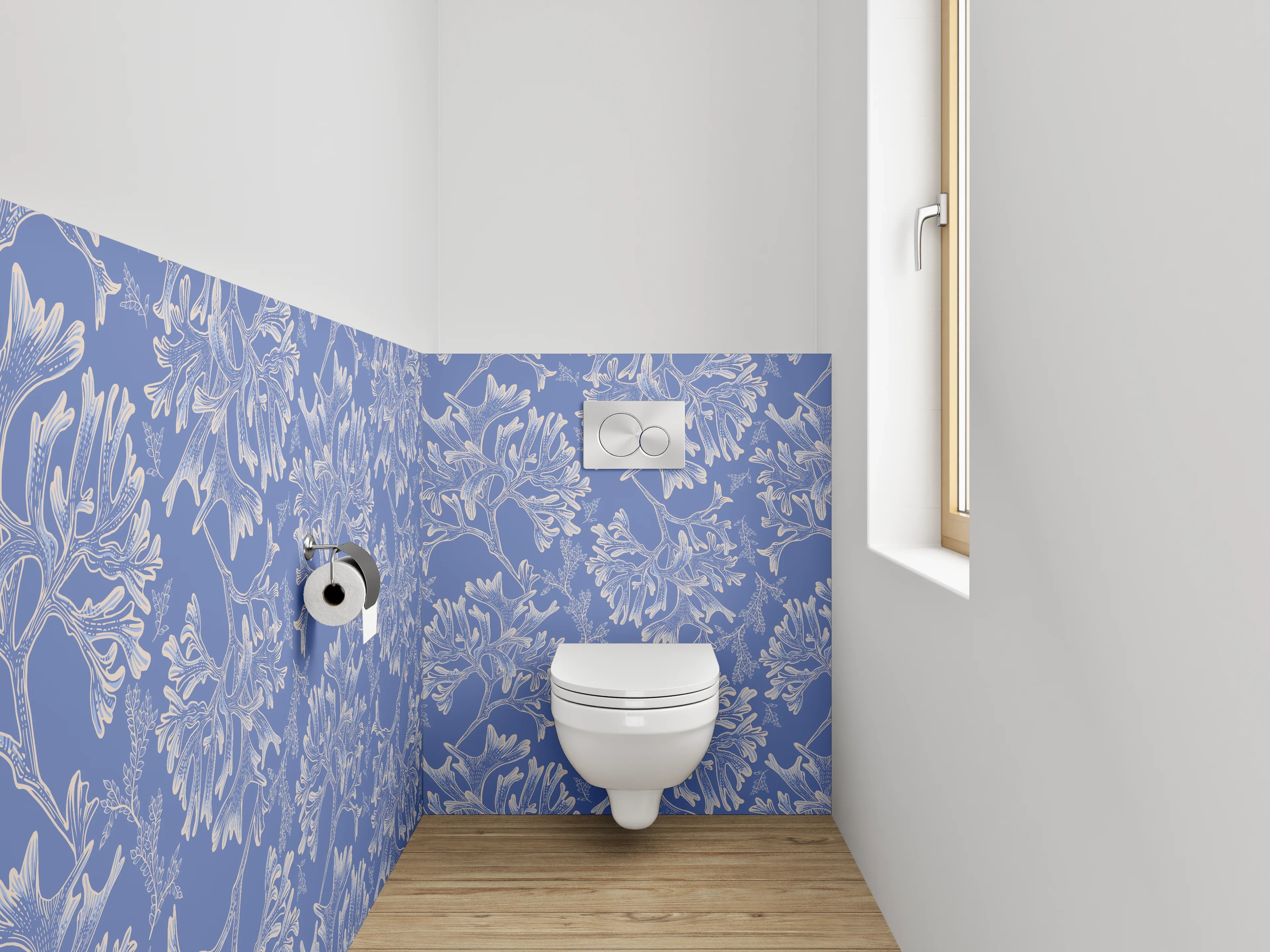 WC-Rückwand - Florales Muster auf Blau – Eleganz pur