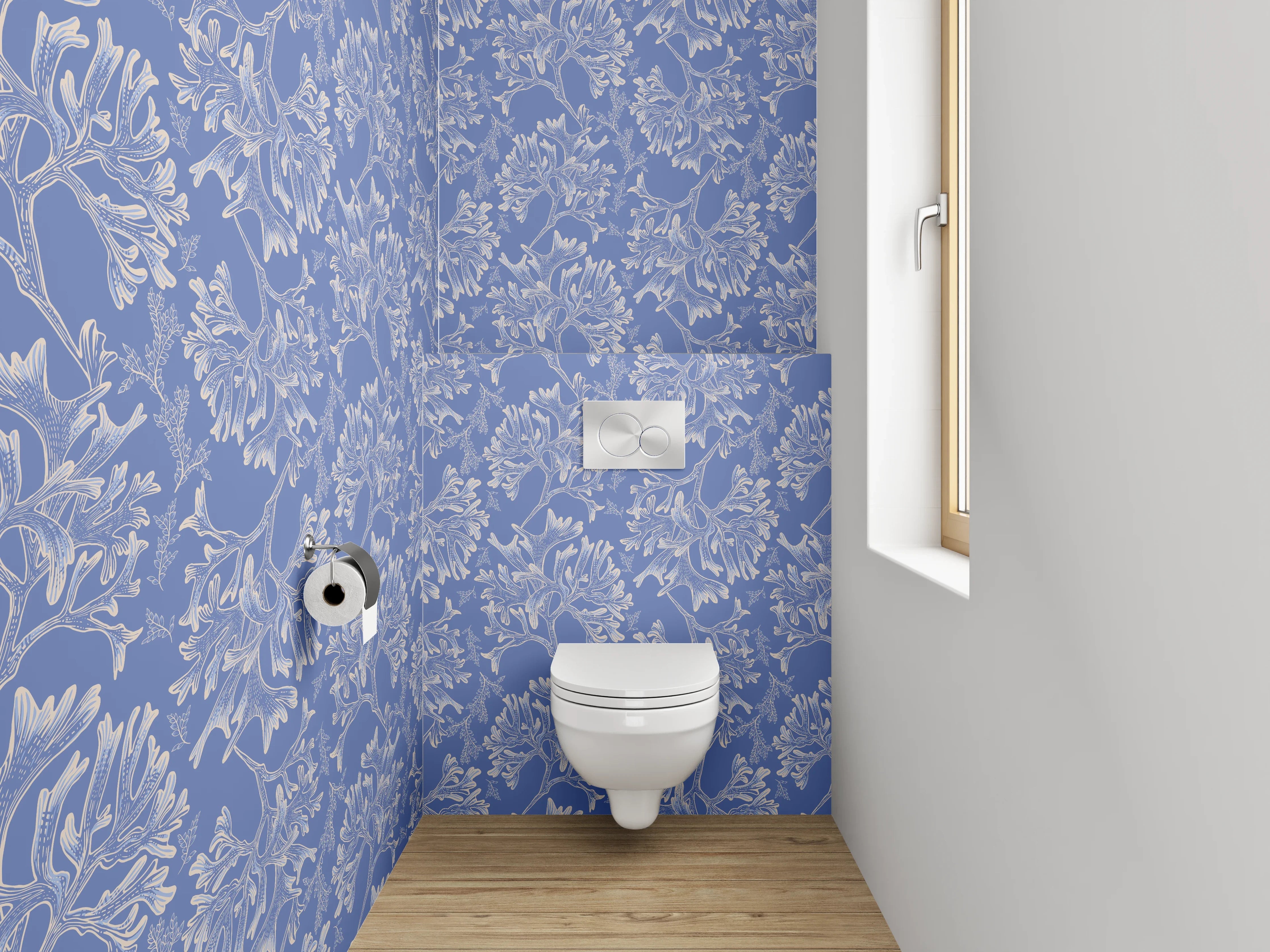 WC-Rückwand - Florales Muster auf Blau – Eleganz pur