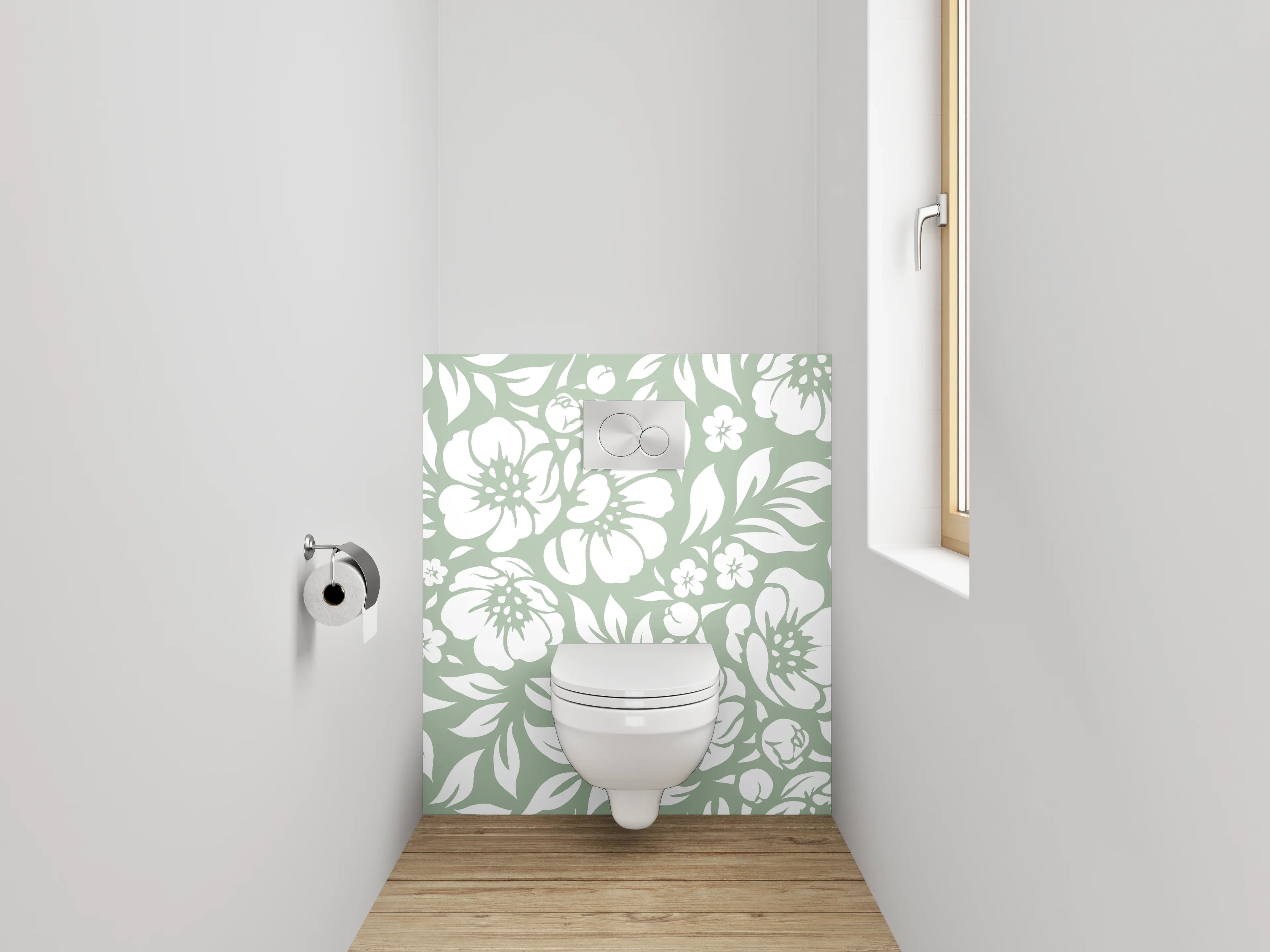 WC-Rückwand - Florales Muster grün-weiß Wanddesign