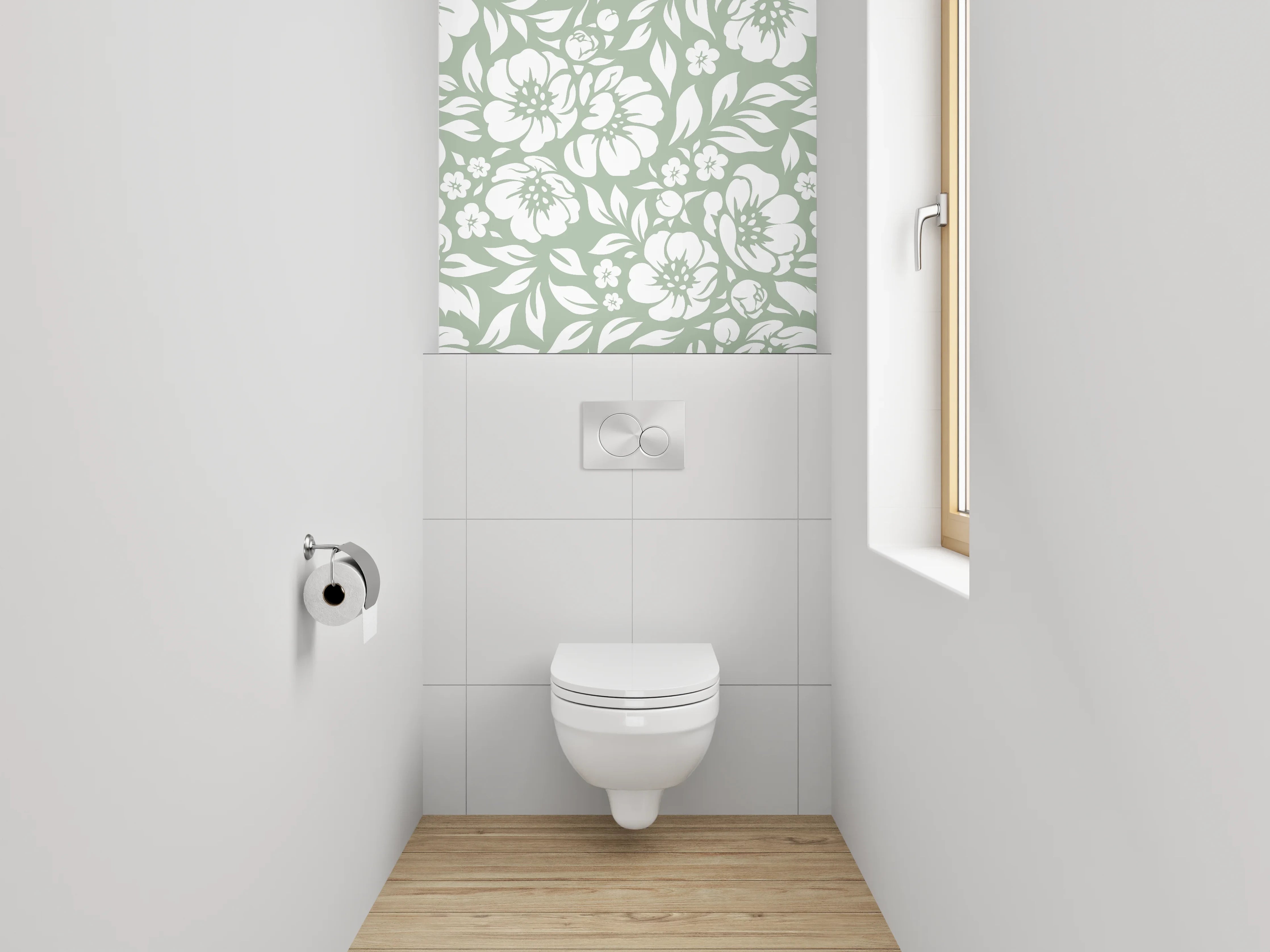 WC-Rückwand - Florales Muster grün-weiß Wanddesign