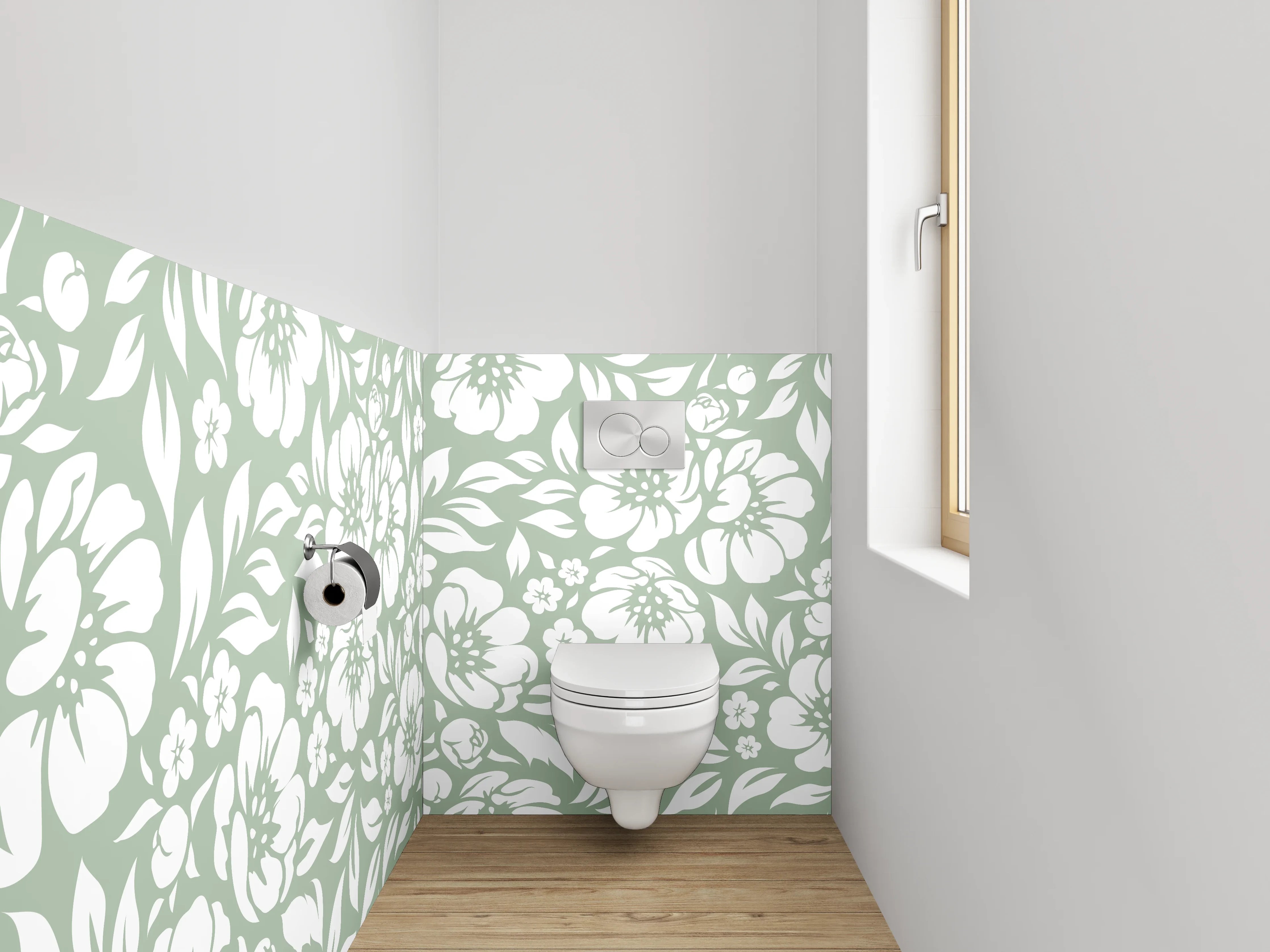 WC-Rückwand - Florales Muster grün-weiß Wanddesign