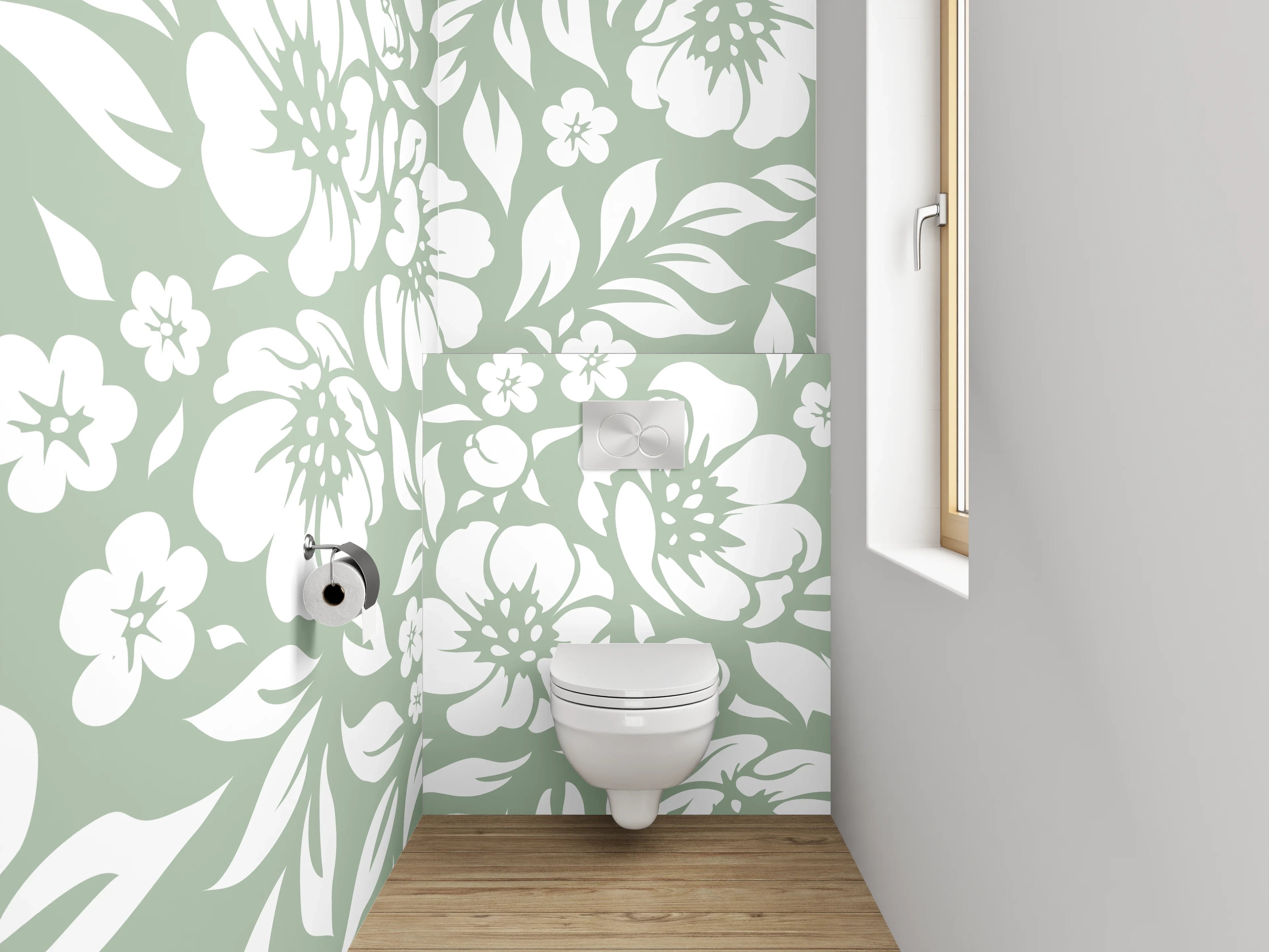 WC-Rückwand - Florales Muster grün-weiß Wanddesign