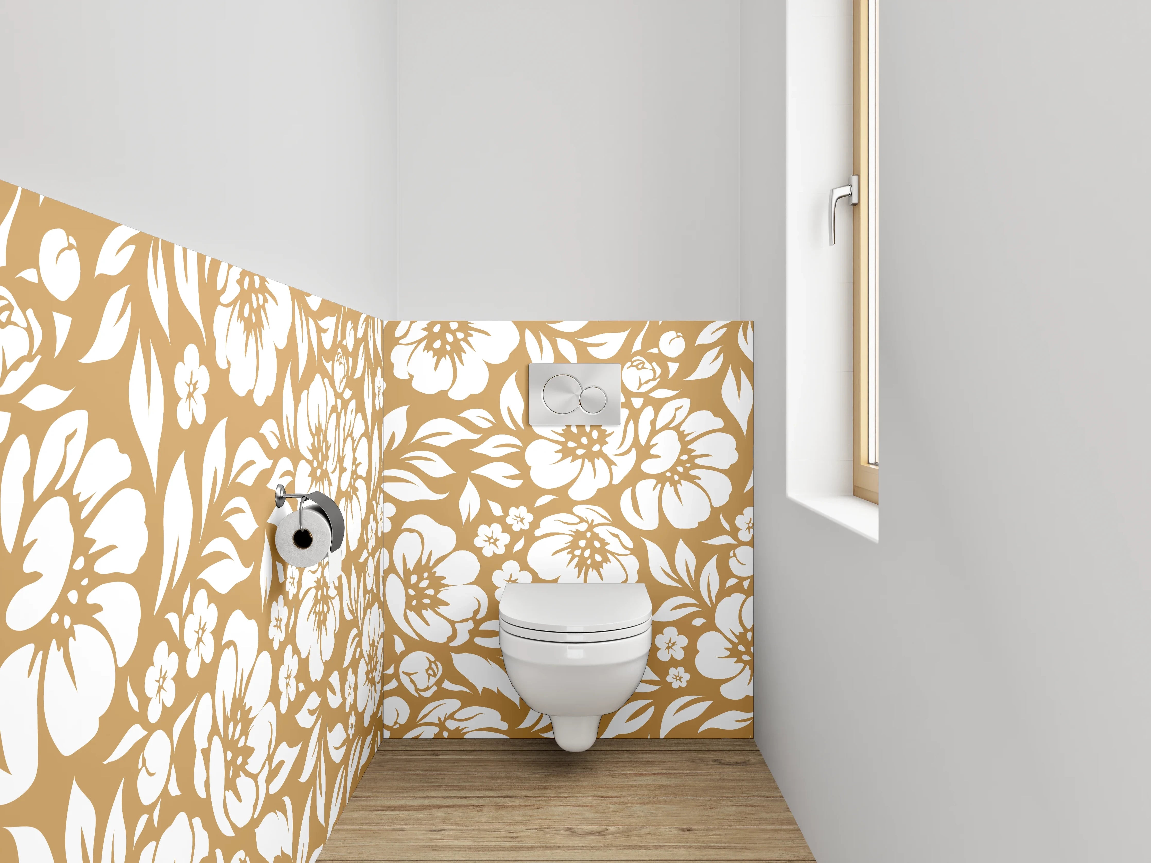 WC-Rückwand - Florales Muster in Beige und Weiß