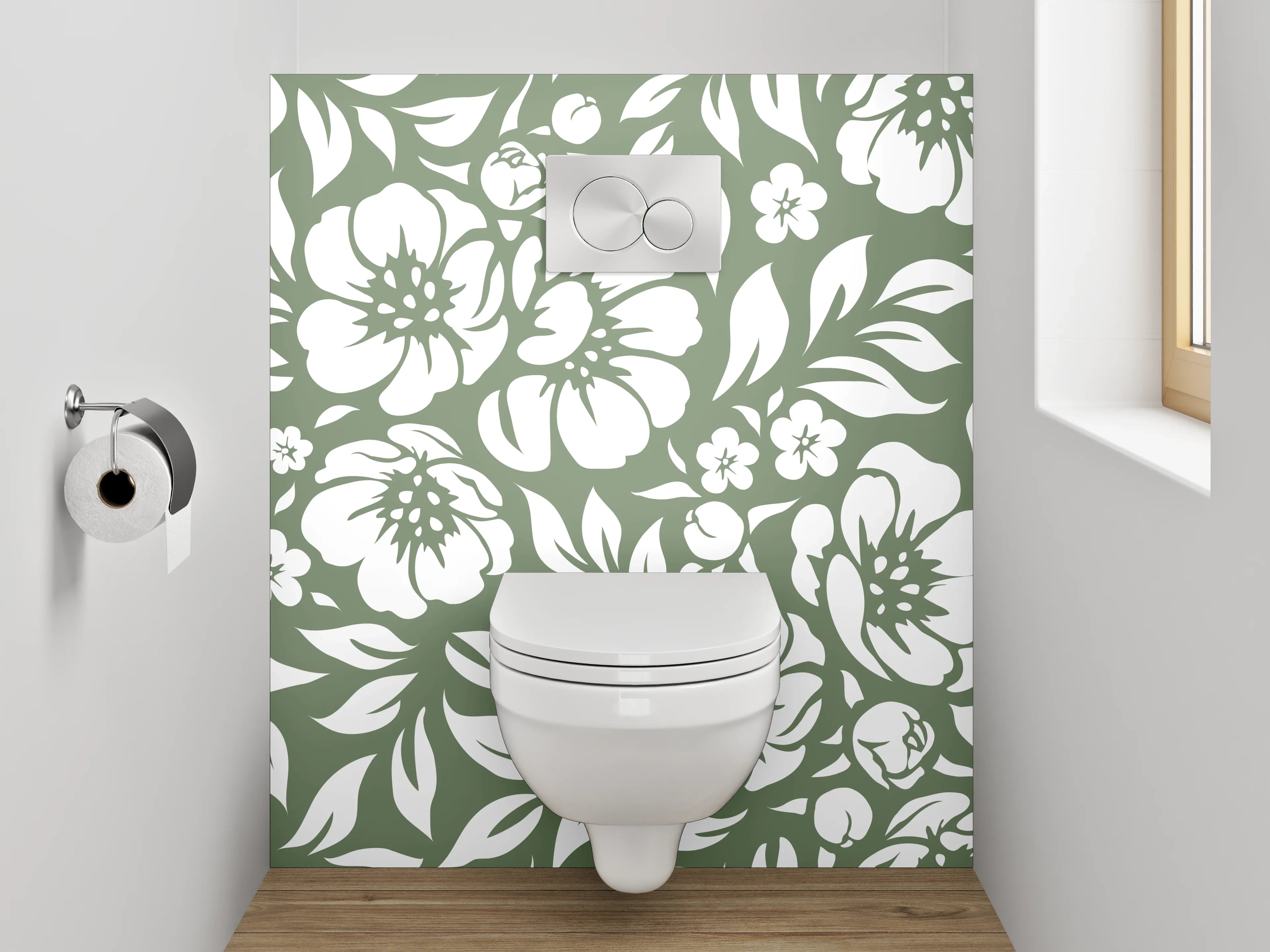 WC-Rückwand - Florales Muster in Weiß-Grün