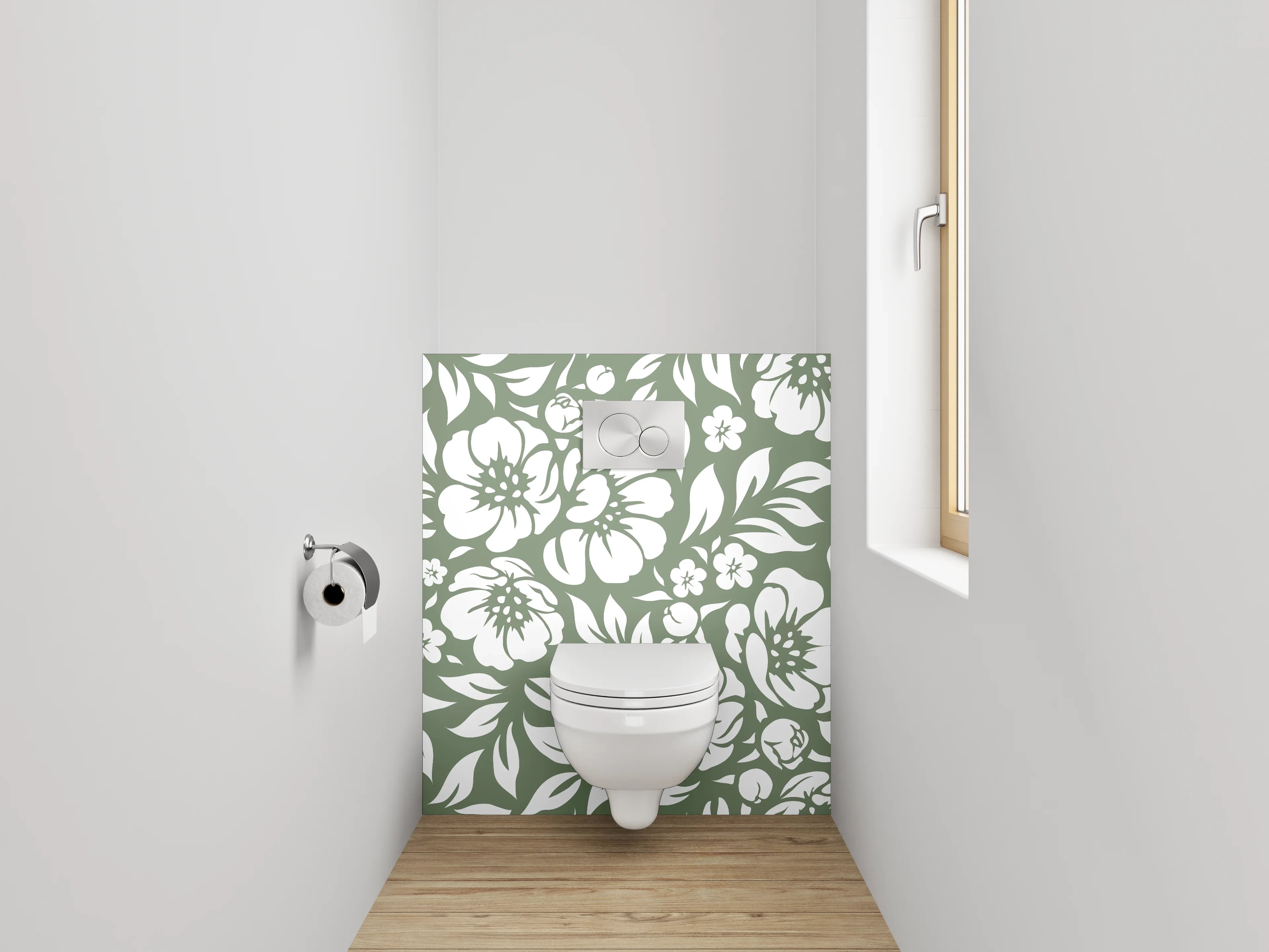 WC-Rückwand - Florales Muster in Weiß-Grün