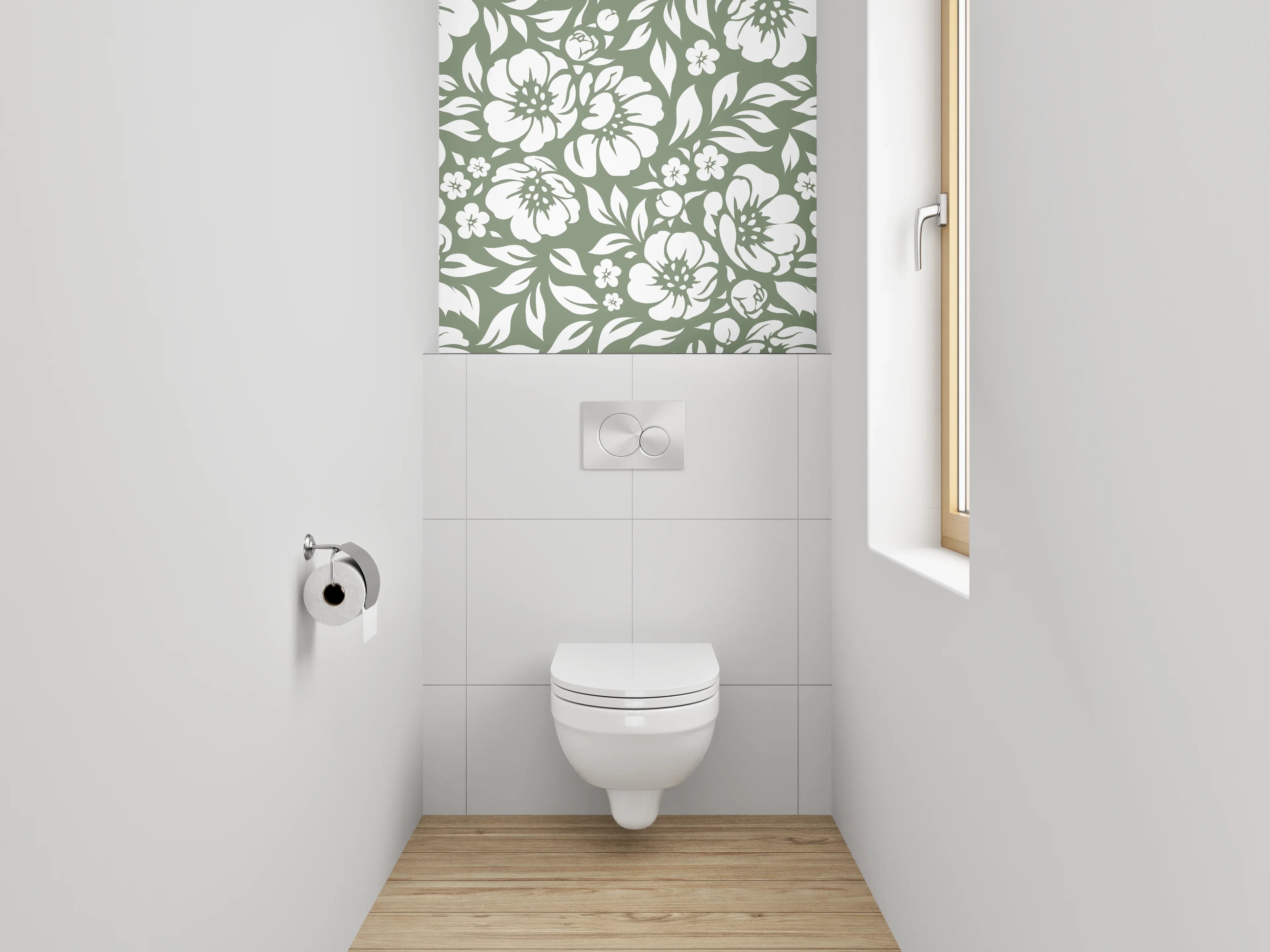 WC-Rückwand - Florales Muster in Weiß-Grün