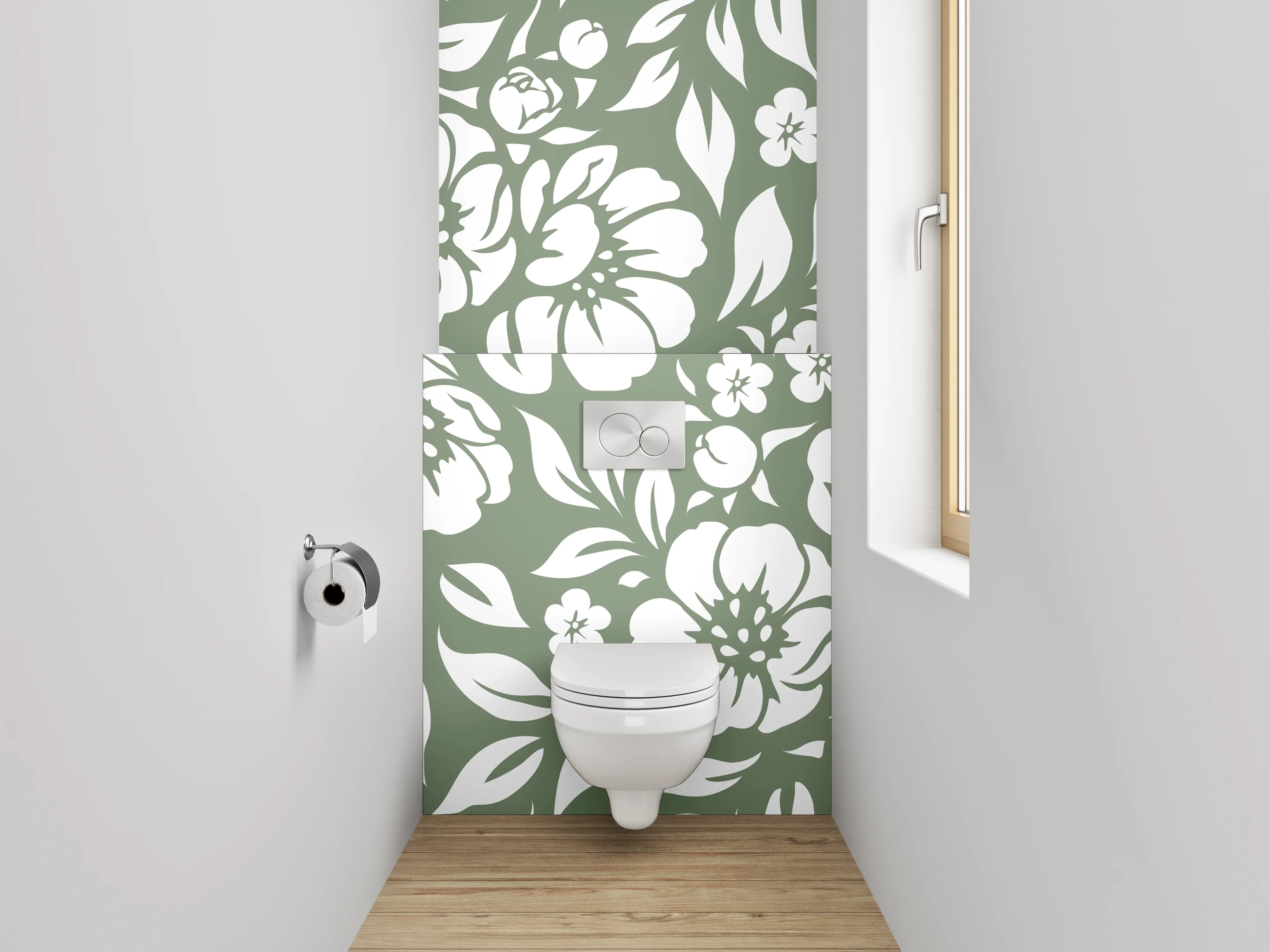 WC-Rückwand - Florales Muster in Weiß-Grün