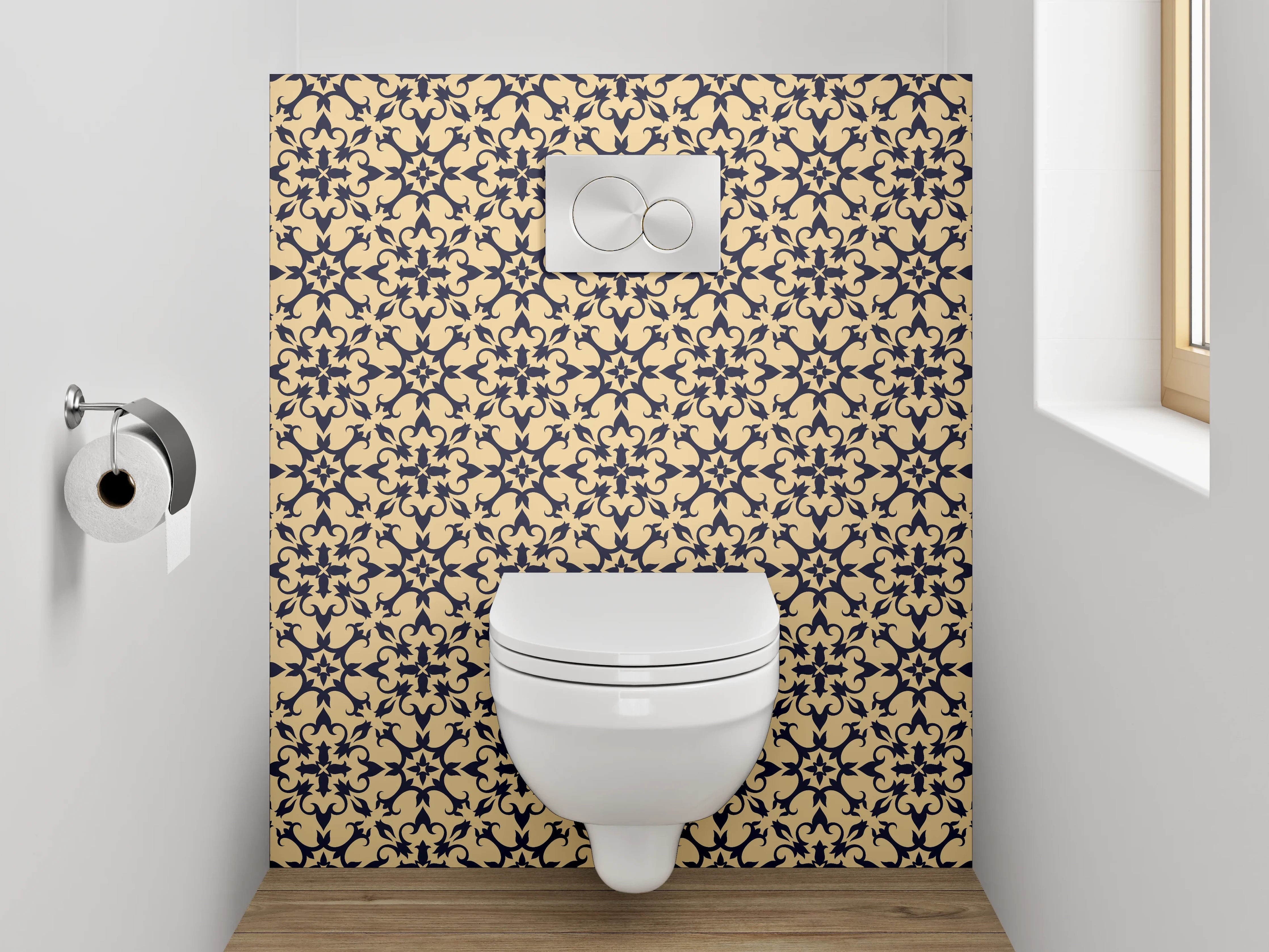 WC-Rückwand - Florales Ornament Muster Beige Schwarz