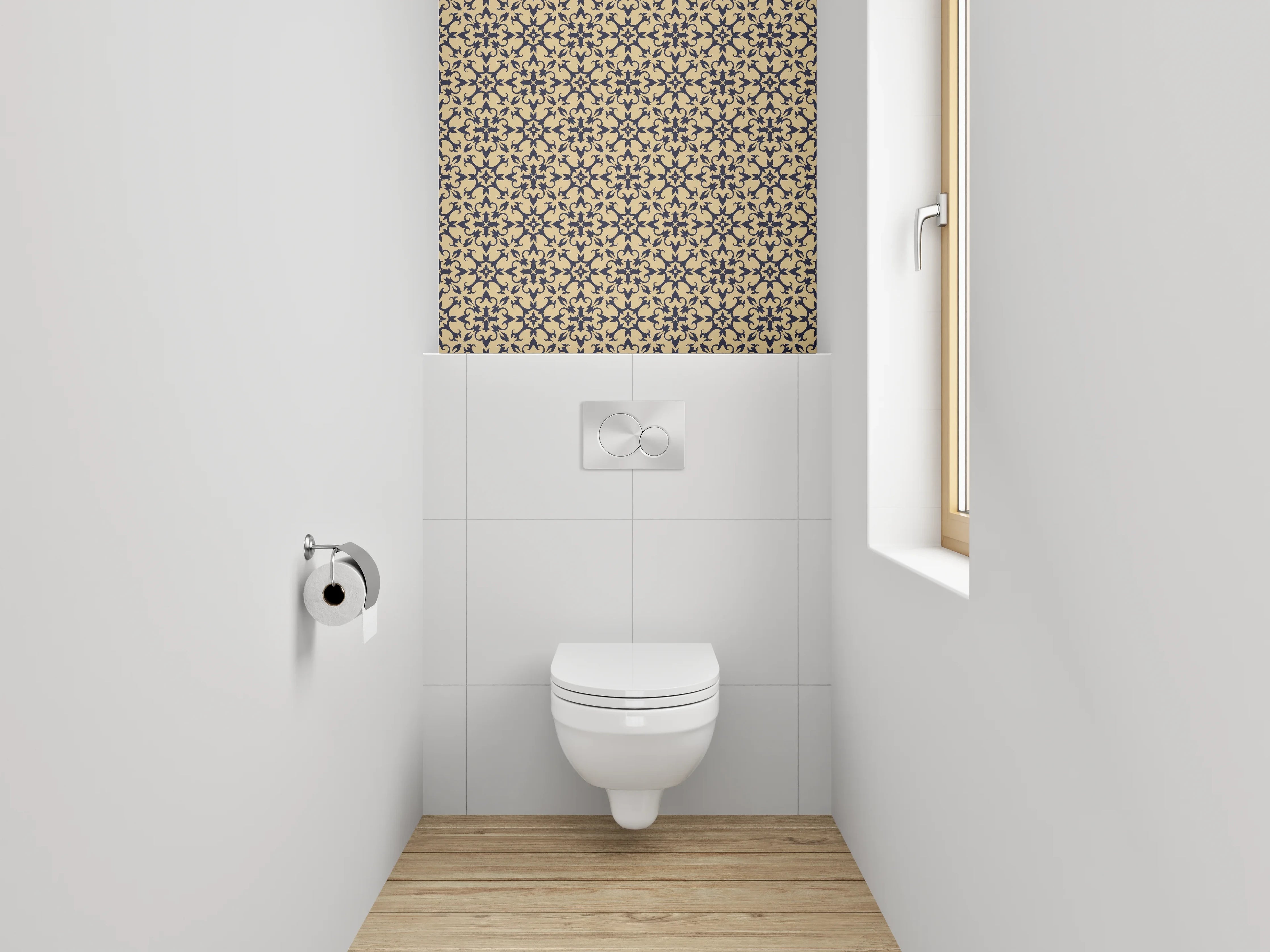 WC-Rückwand - Florales Ornament Muster Beige Schwarz