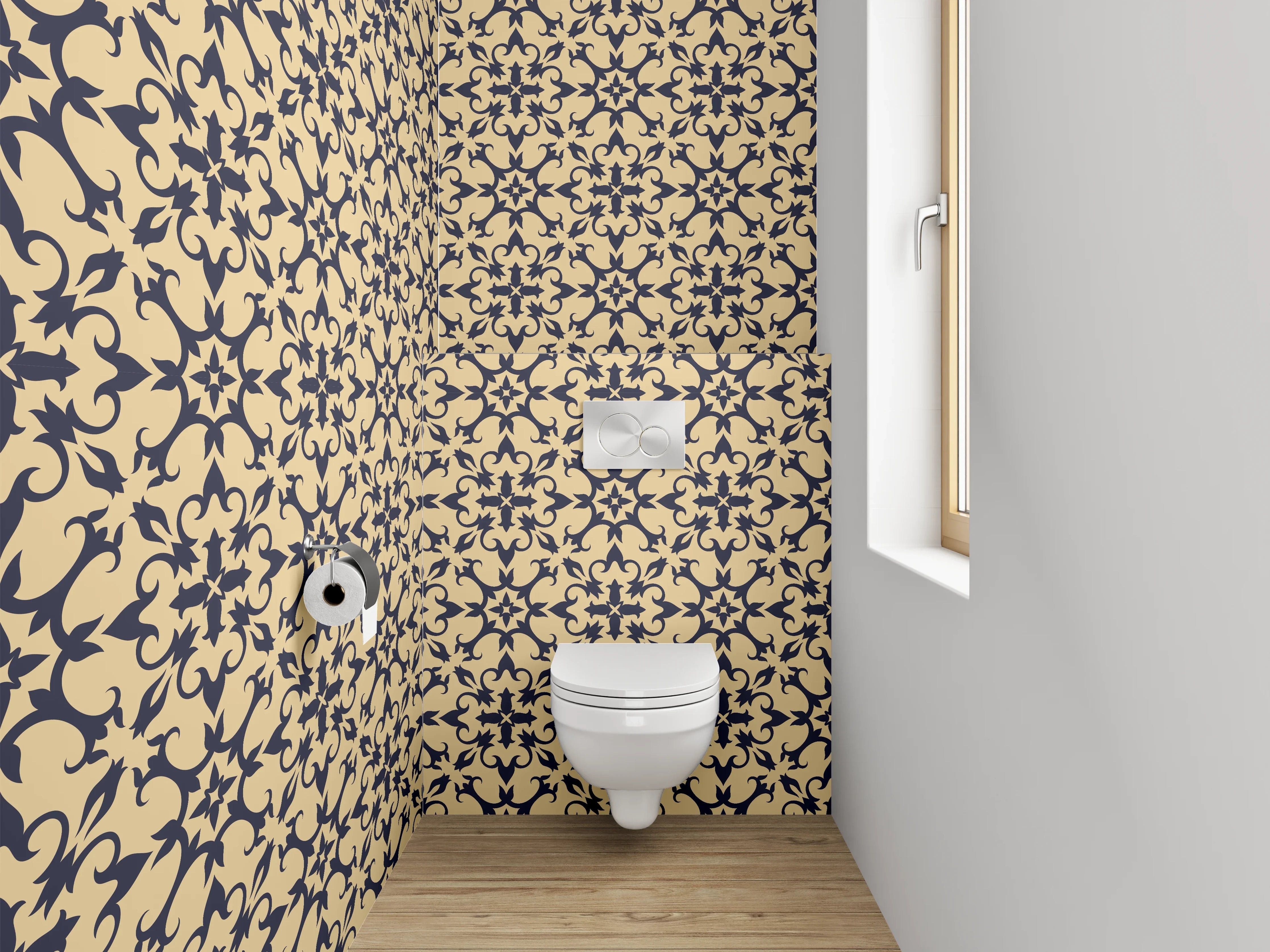 WC-Rückwand - Florales Ornament Muster Beige Schwarz