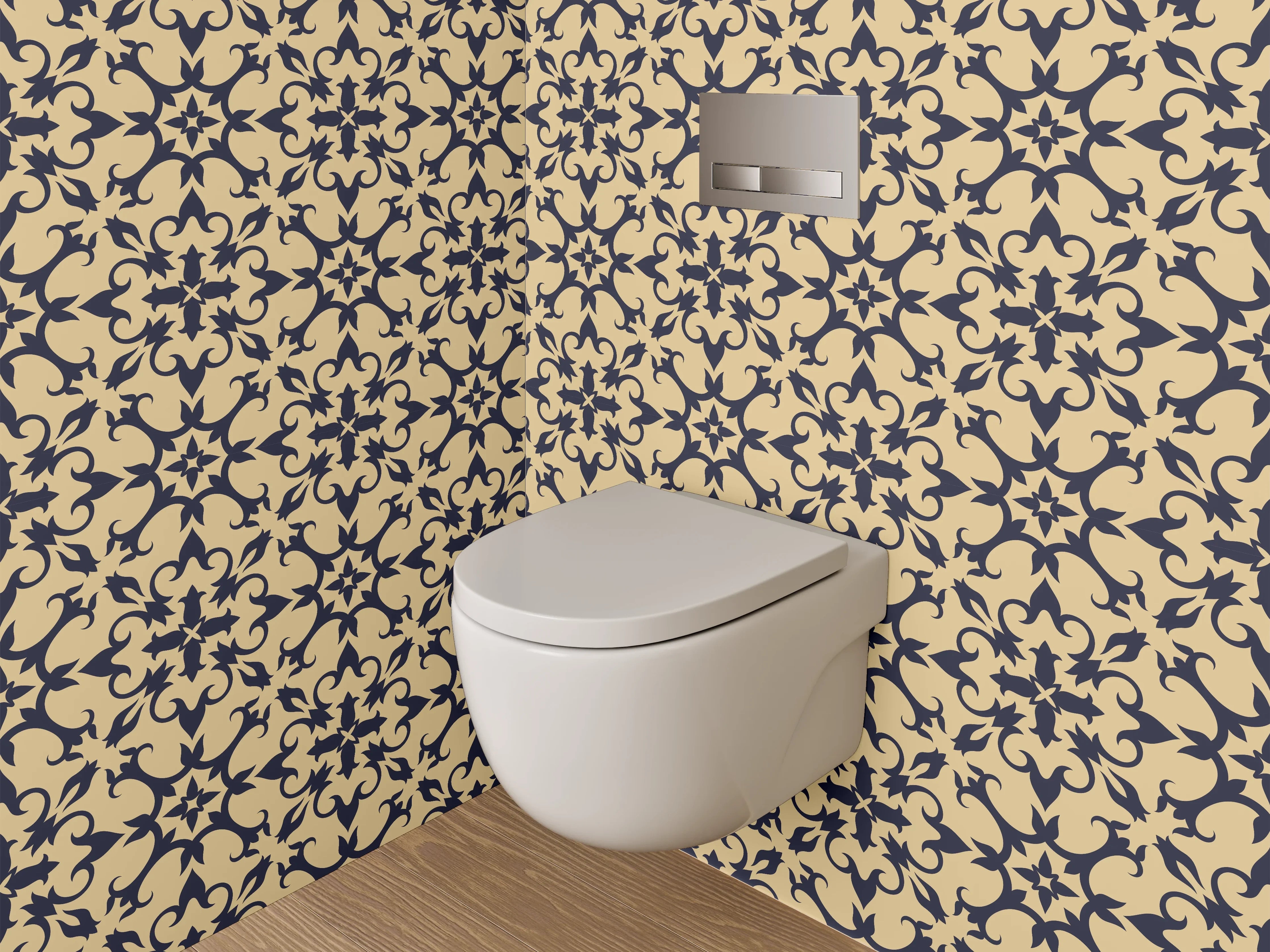 WC-Rückwand - Florales Ornament Muster Beige Schwarz